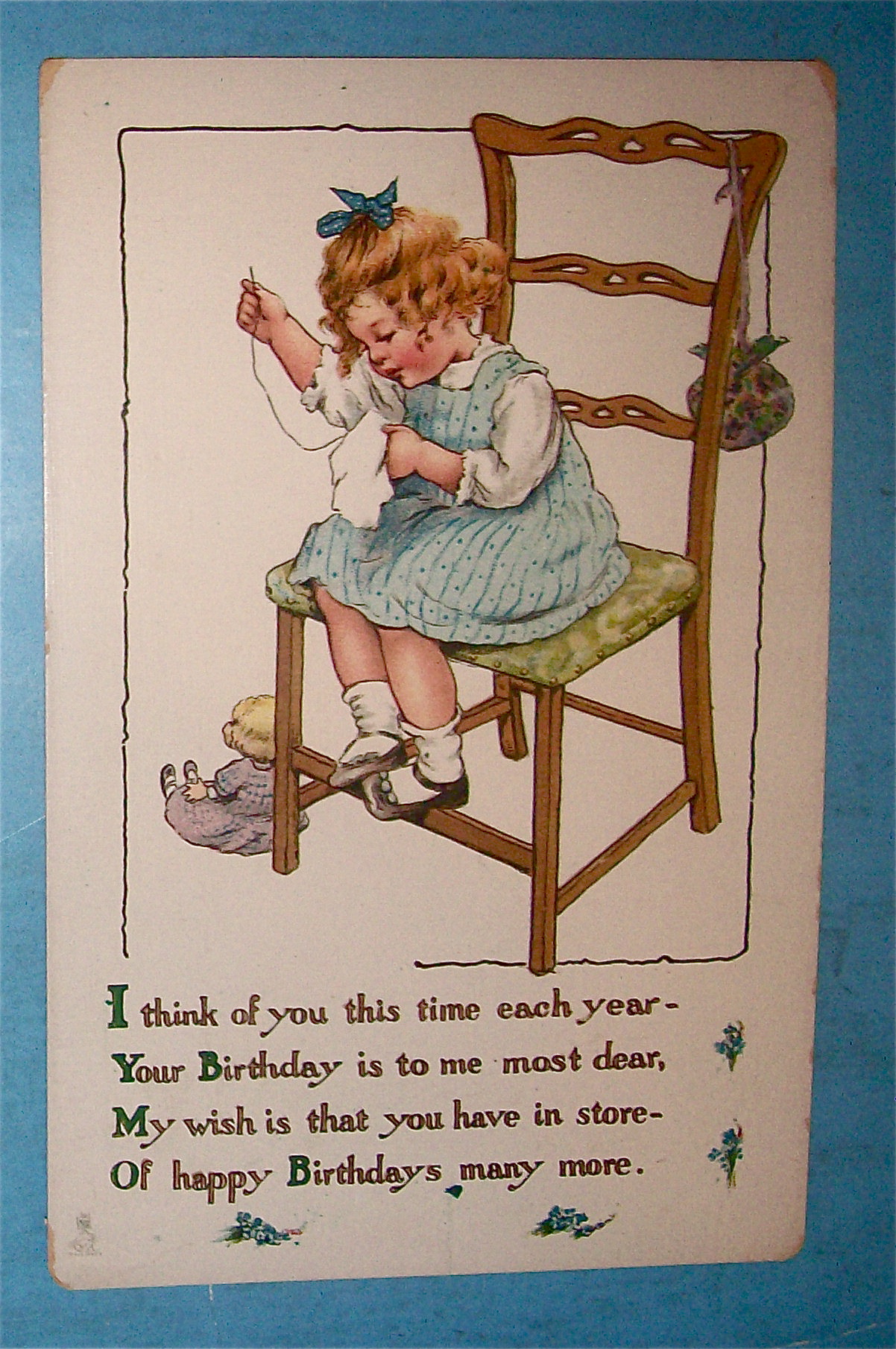 Birthday Children Postcard By Tuck's with Girl Sewing