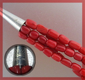 Native American Coral 5 Strand Necklace Sterling Silver