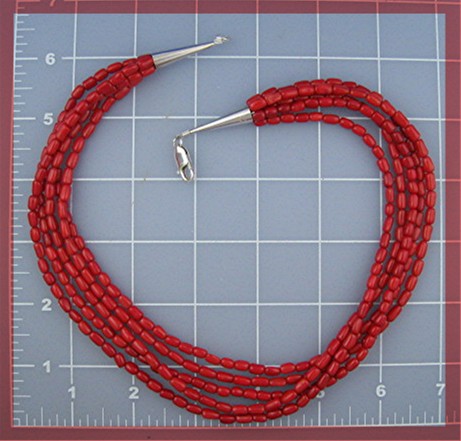 Native American Coral 5 Strand Necklace Sterling Silver