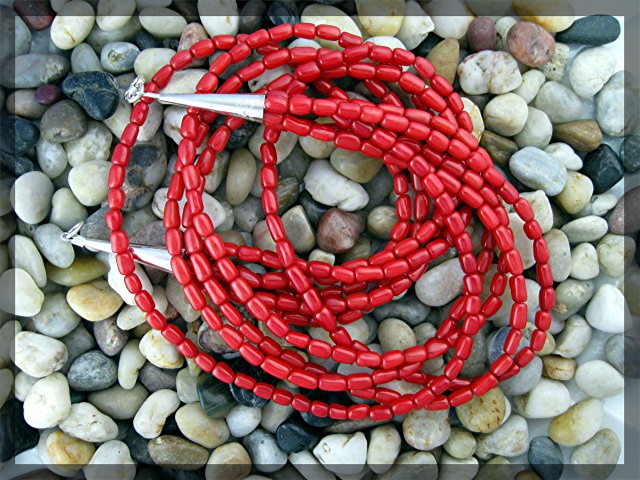 Native American Coral 5 Strand Necklace Sterling Silver