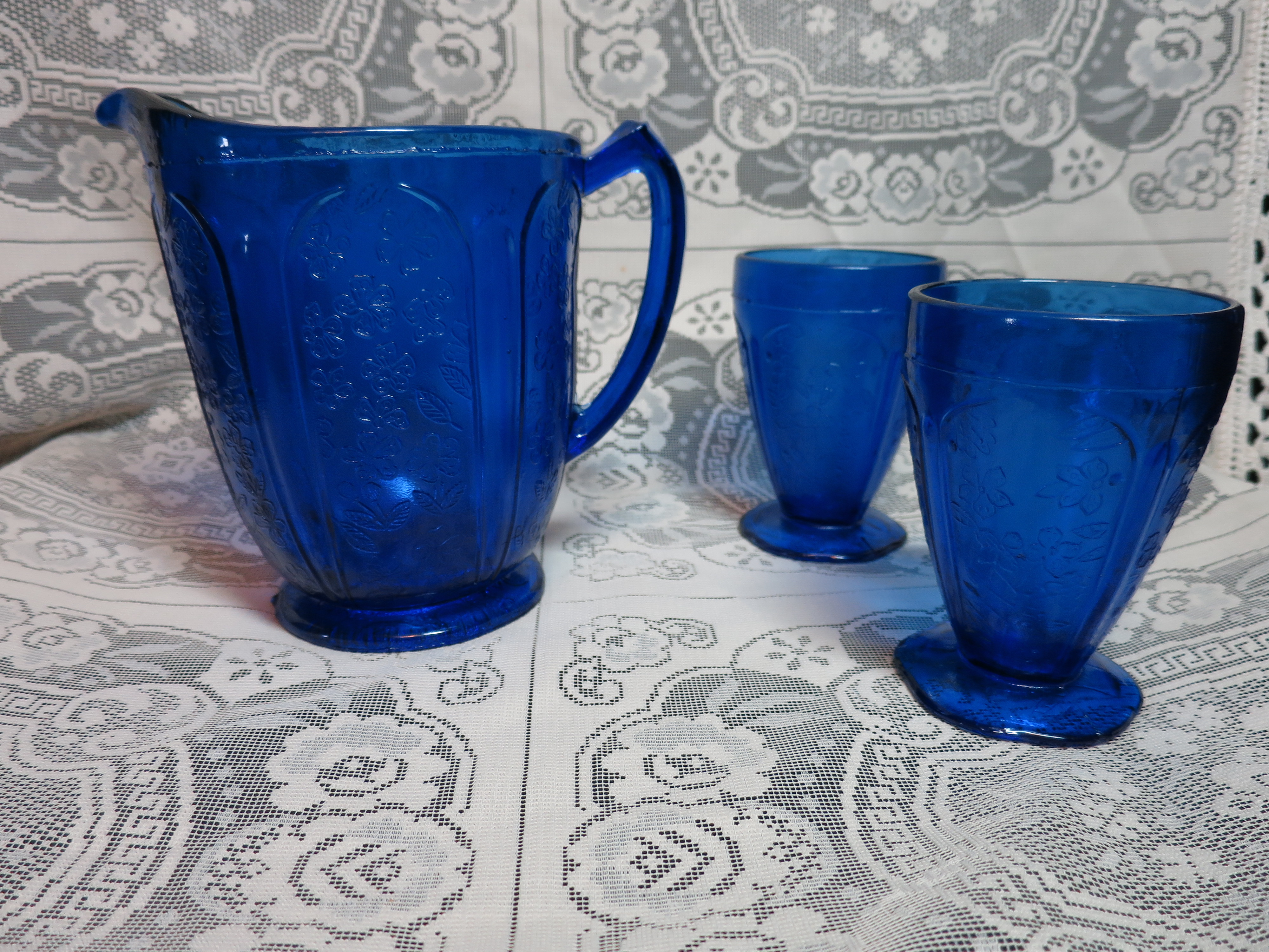 Cobalt Blue Pitcher Tumblers Pressed Glass