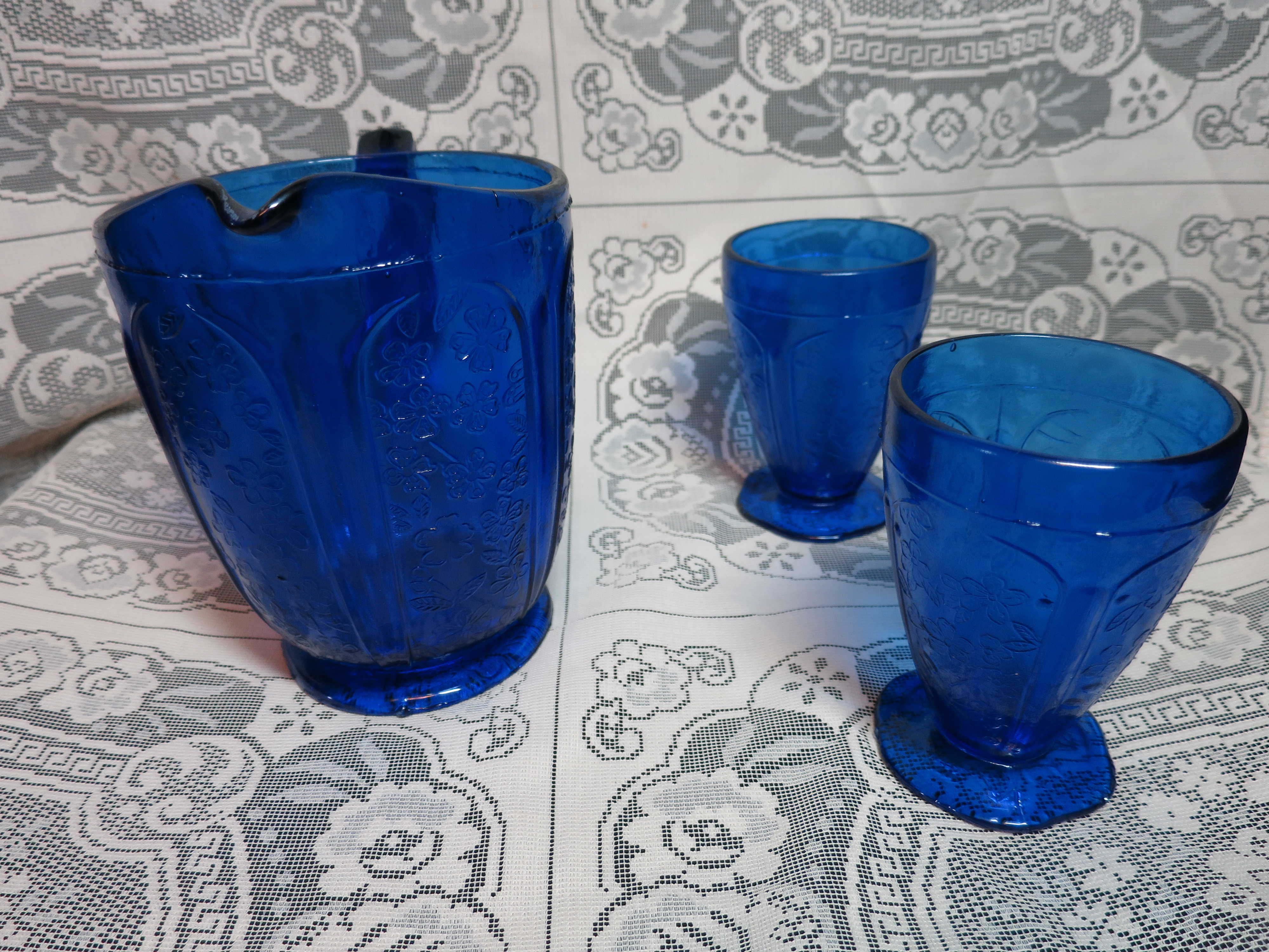 Cobalt Blue Pitcher Tumblers Pressed Glass