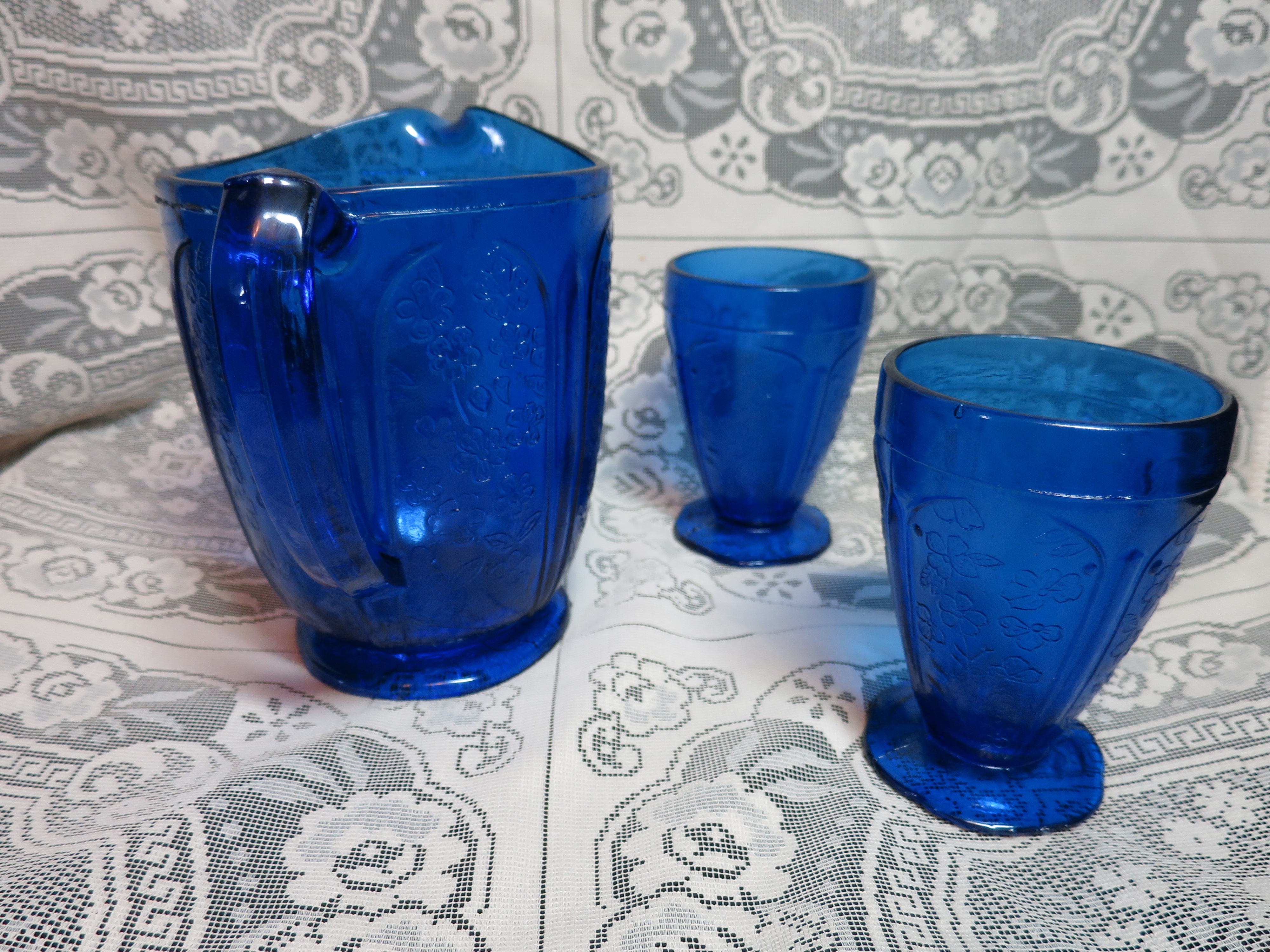 Cobalt Blue Pitcher Tumblers Pressed Glass