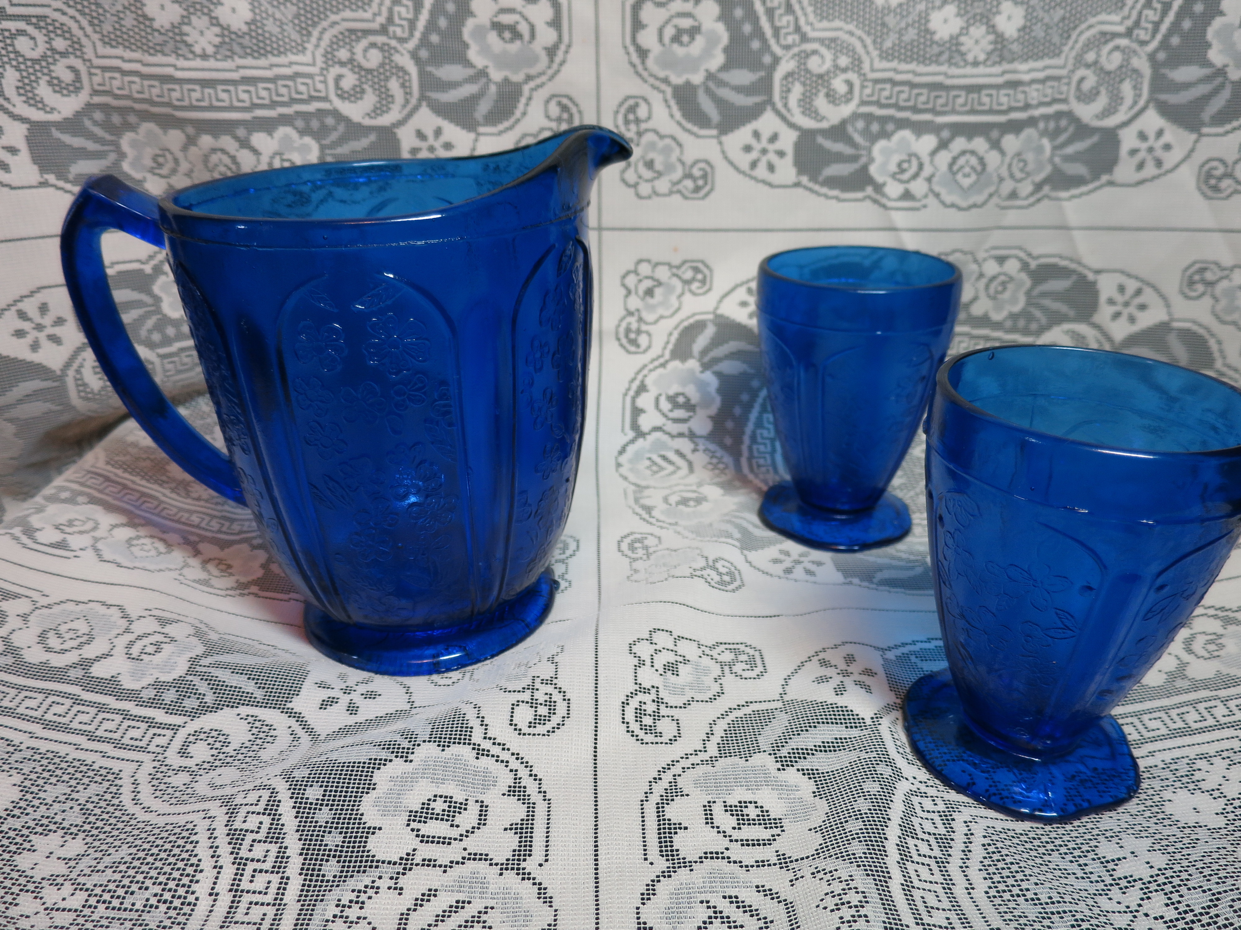 Cobalt Blue Pitcher Tumblers Pressed Glass