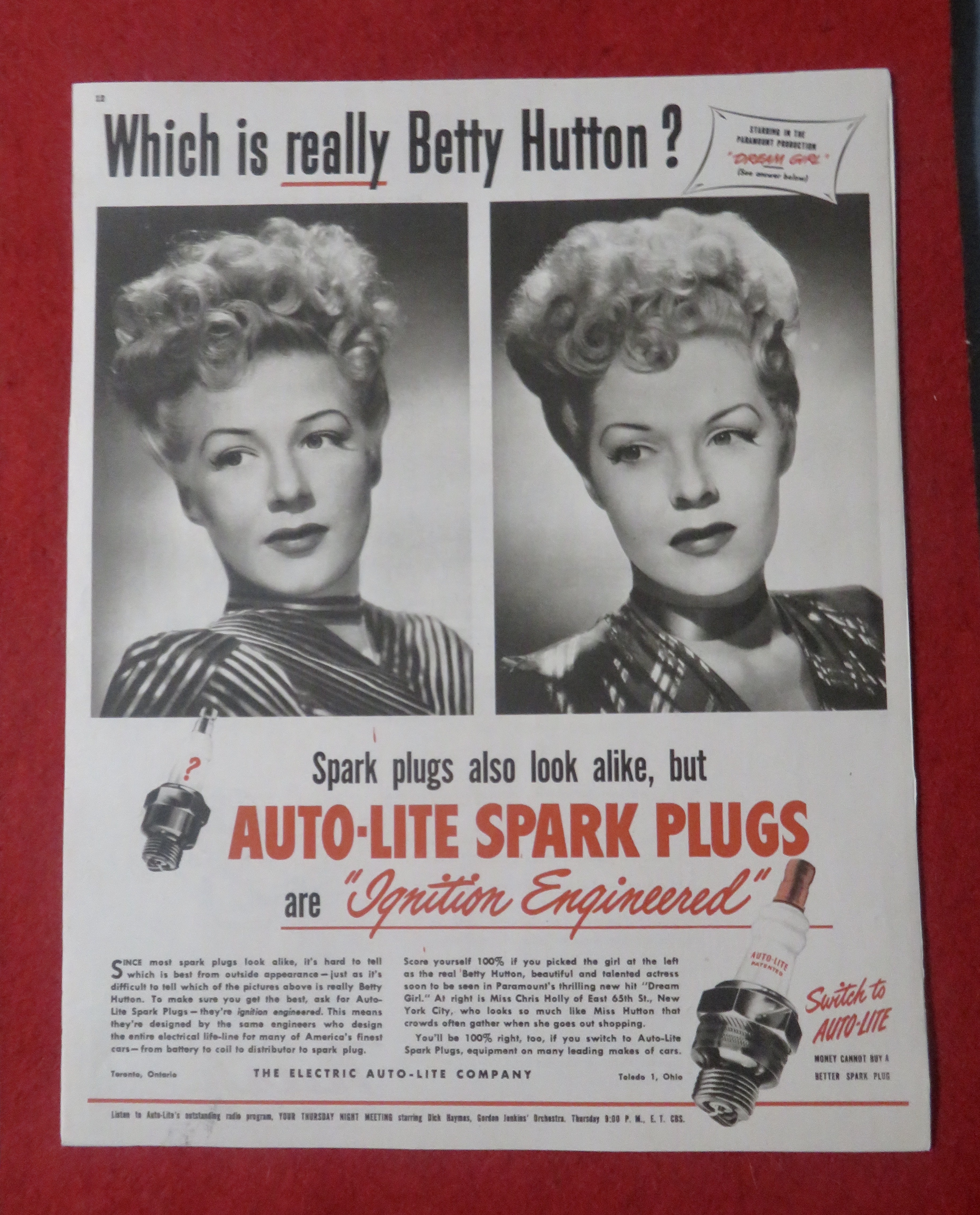 1948 Auto Lite Spark Plugs with Betty Hutton