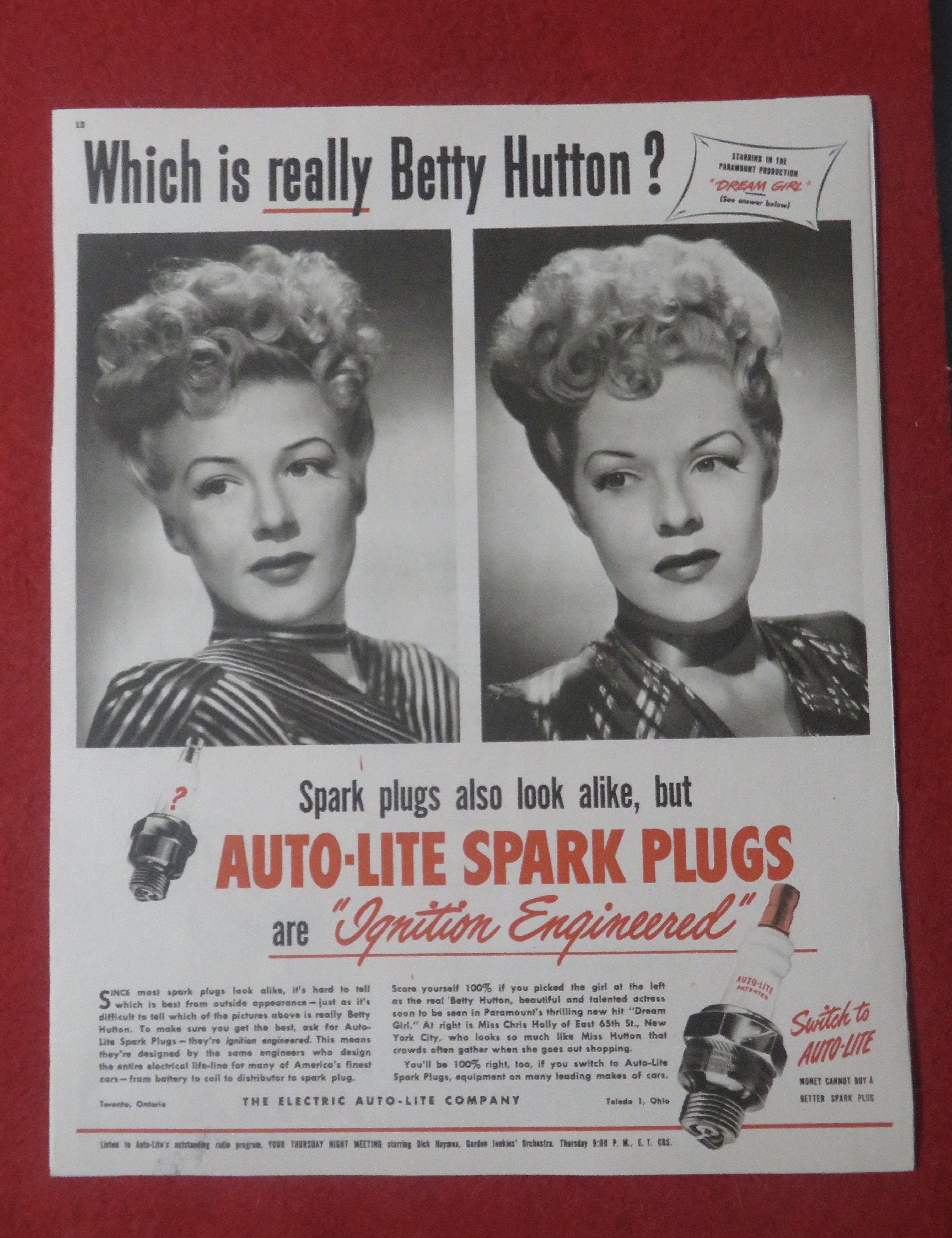 1948 Auto Lite Spark Plugs with Betty Hutton
