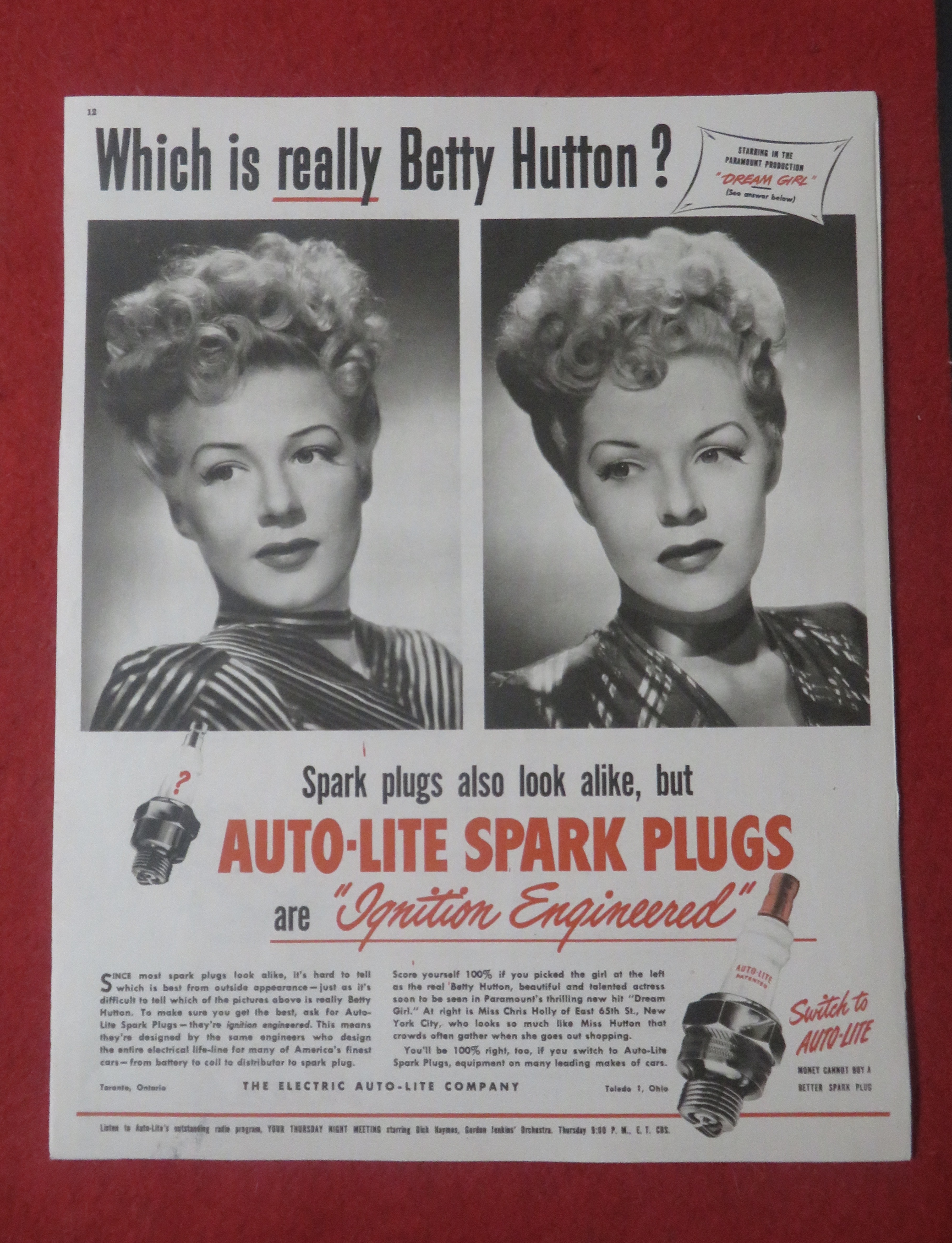 1948 Auto Lite Spark Plugs with Betty Hutton
