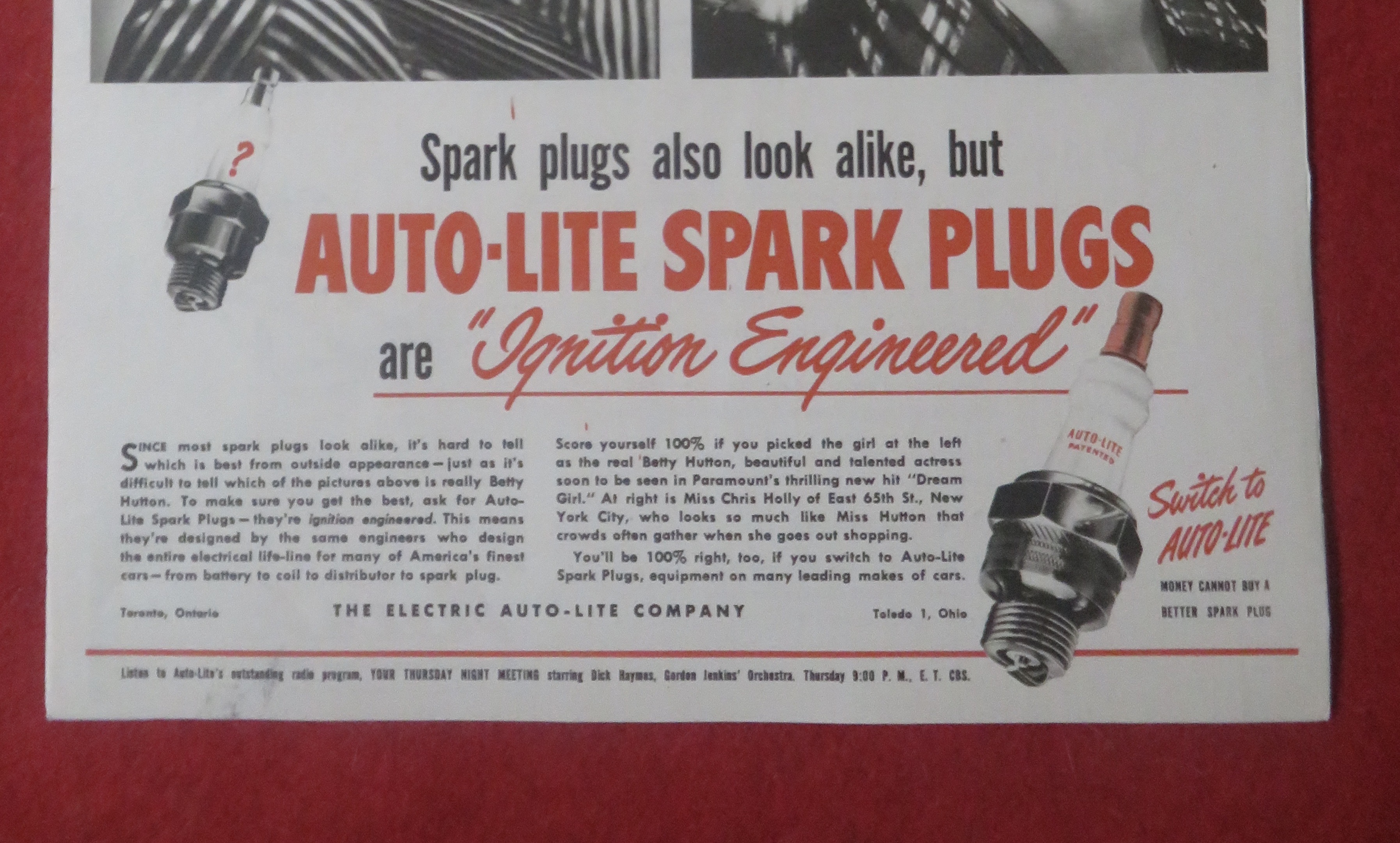1948 Auto Lite Spark Plugs with Betty Hutton
