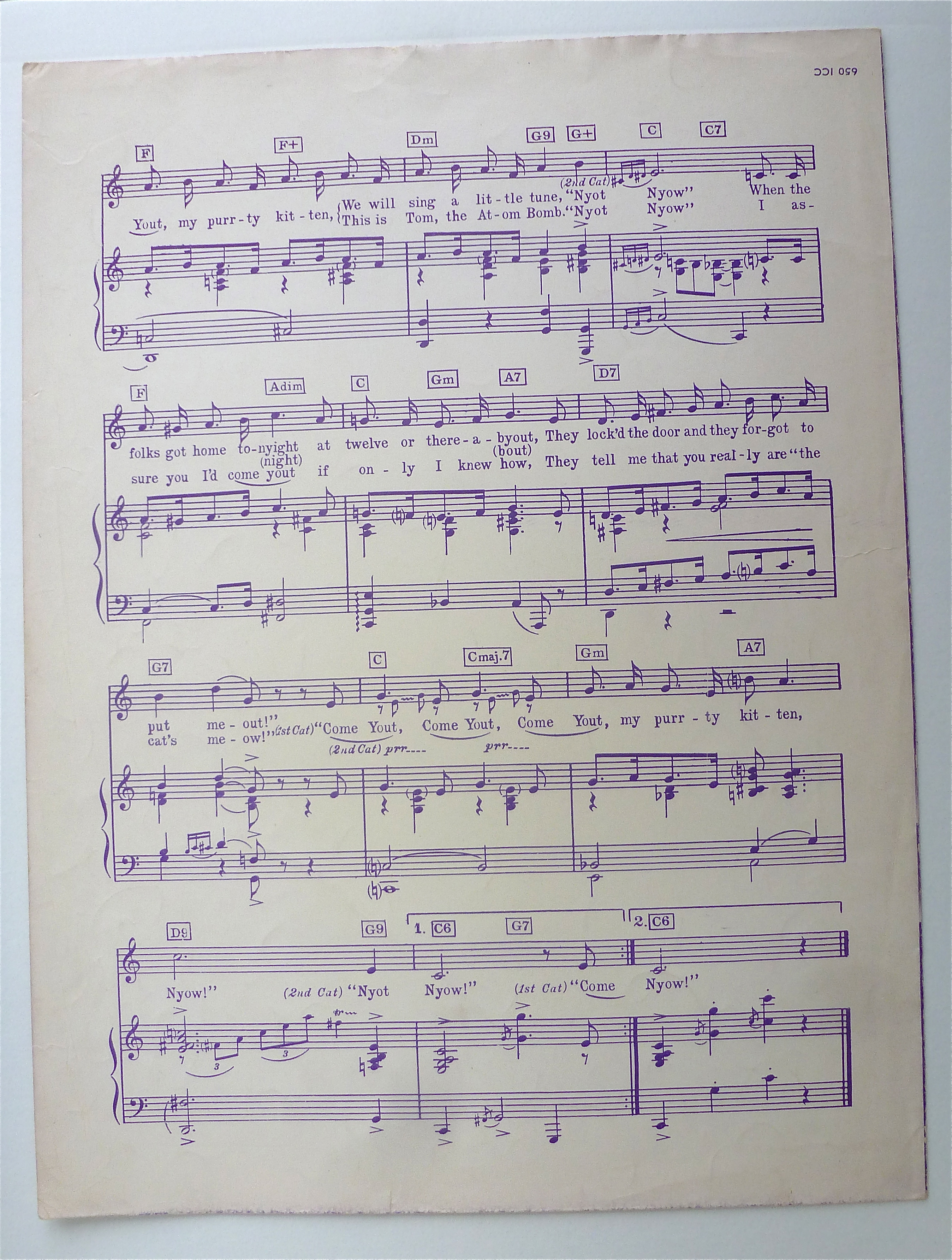 Sheet Music For 1948 The Pussy Cat Song
