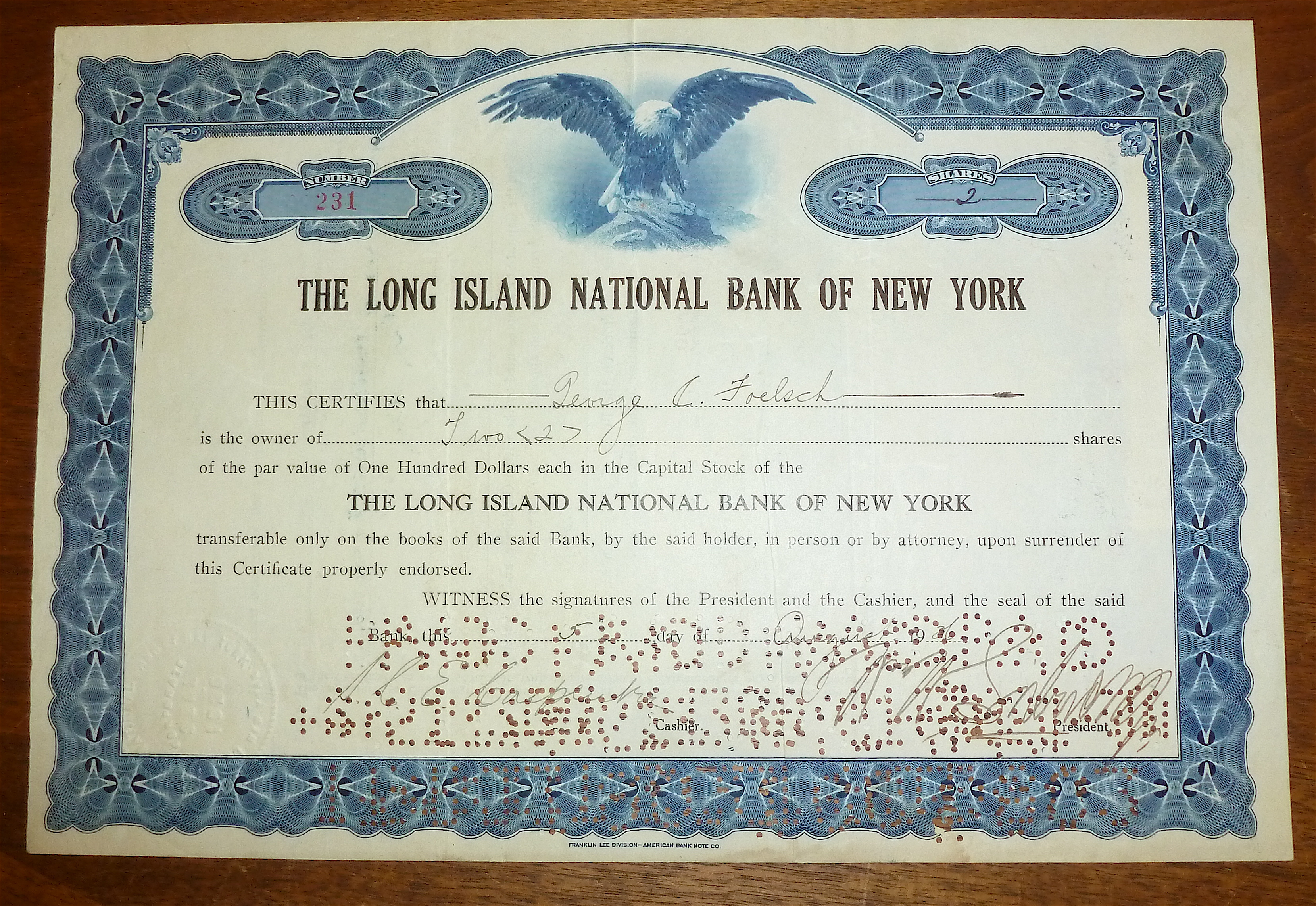 Long Island National Bank Of New York Stock Certificate