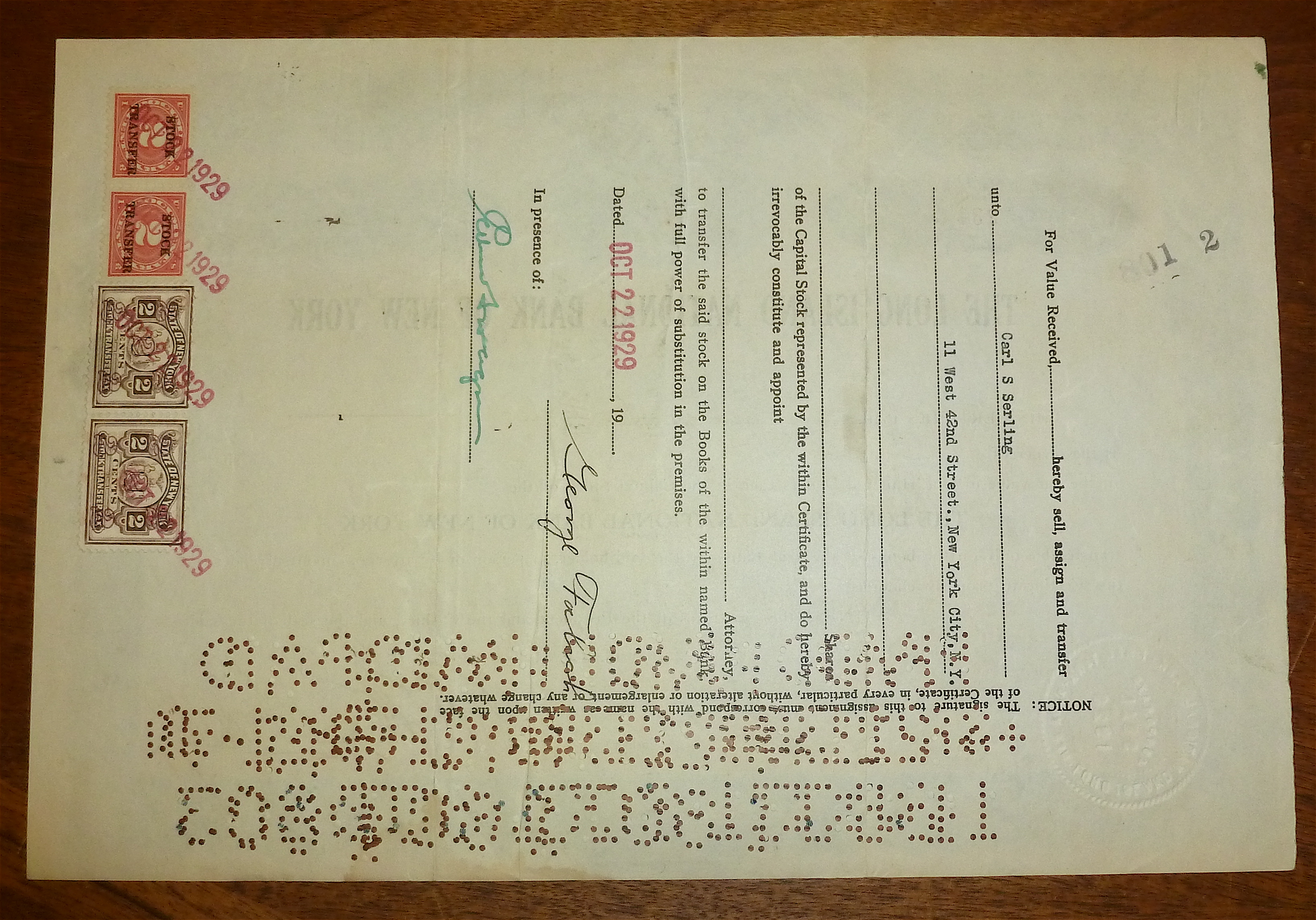 Long Island National Bank Of New York Stock Certificate