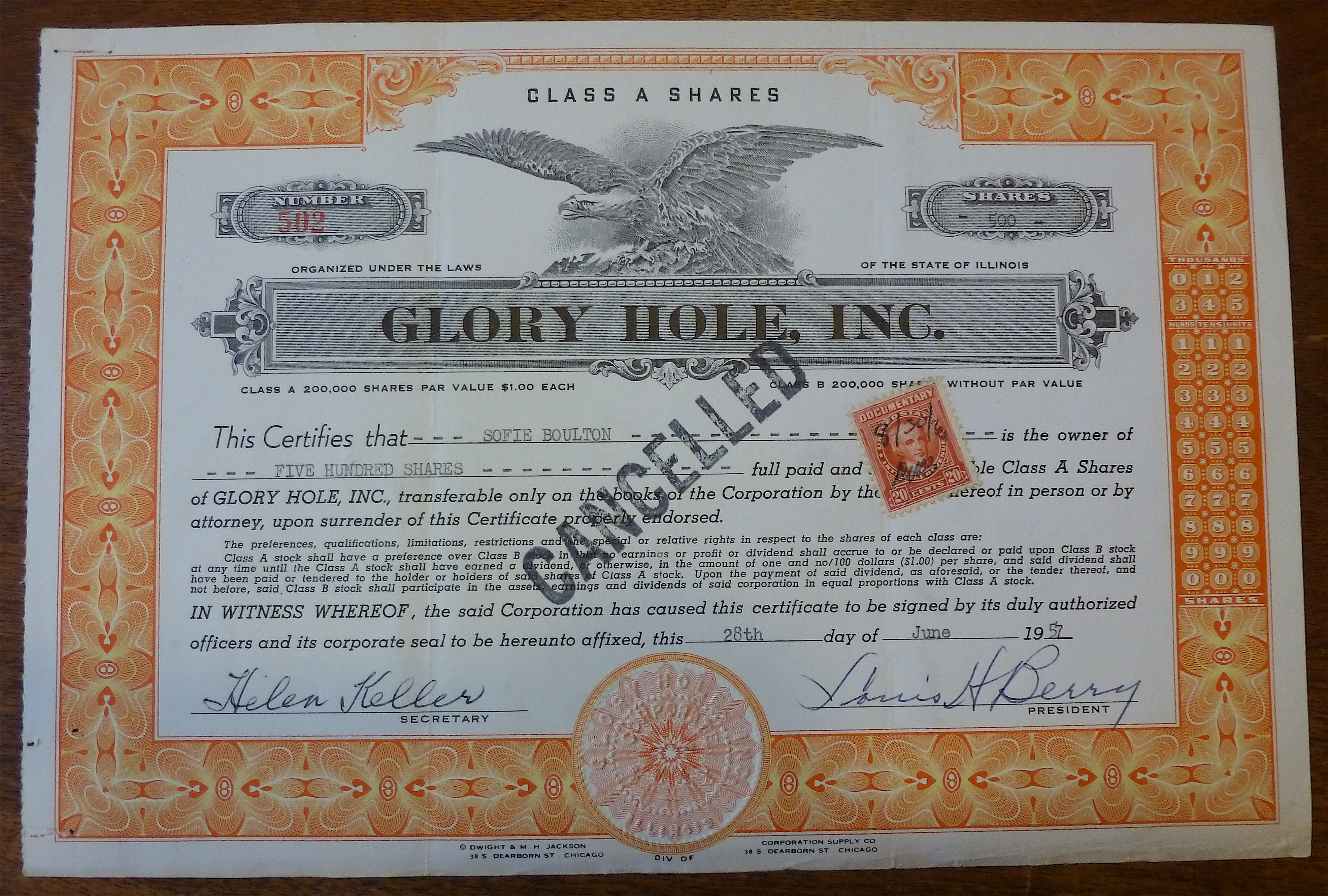 1957 Glory Hole Stock Certificate
