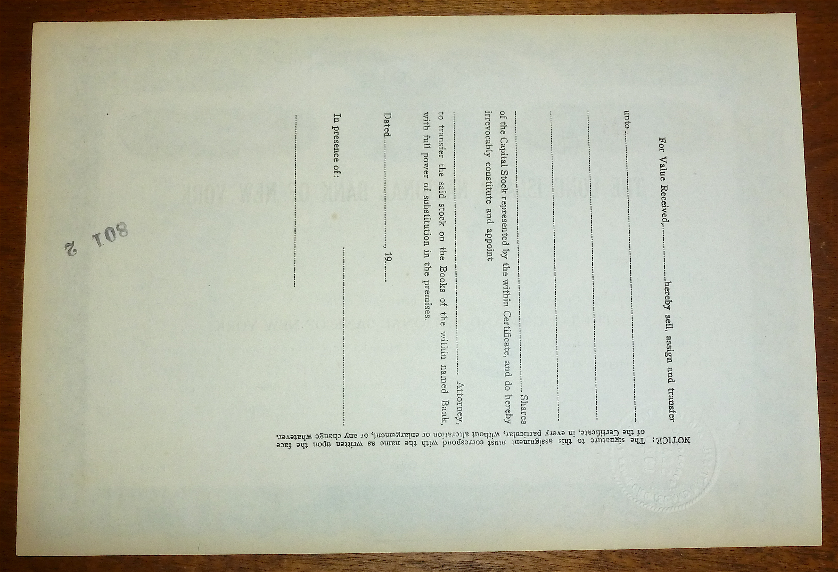 Long Island National Bank Of New York Stock Certificate