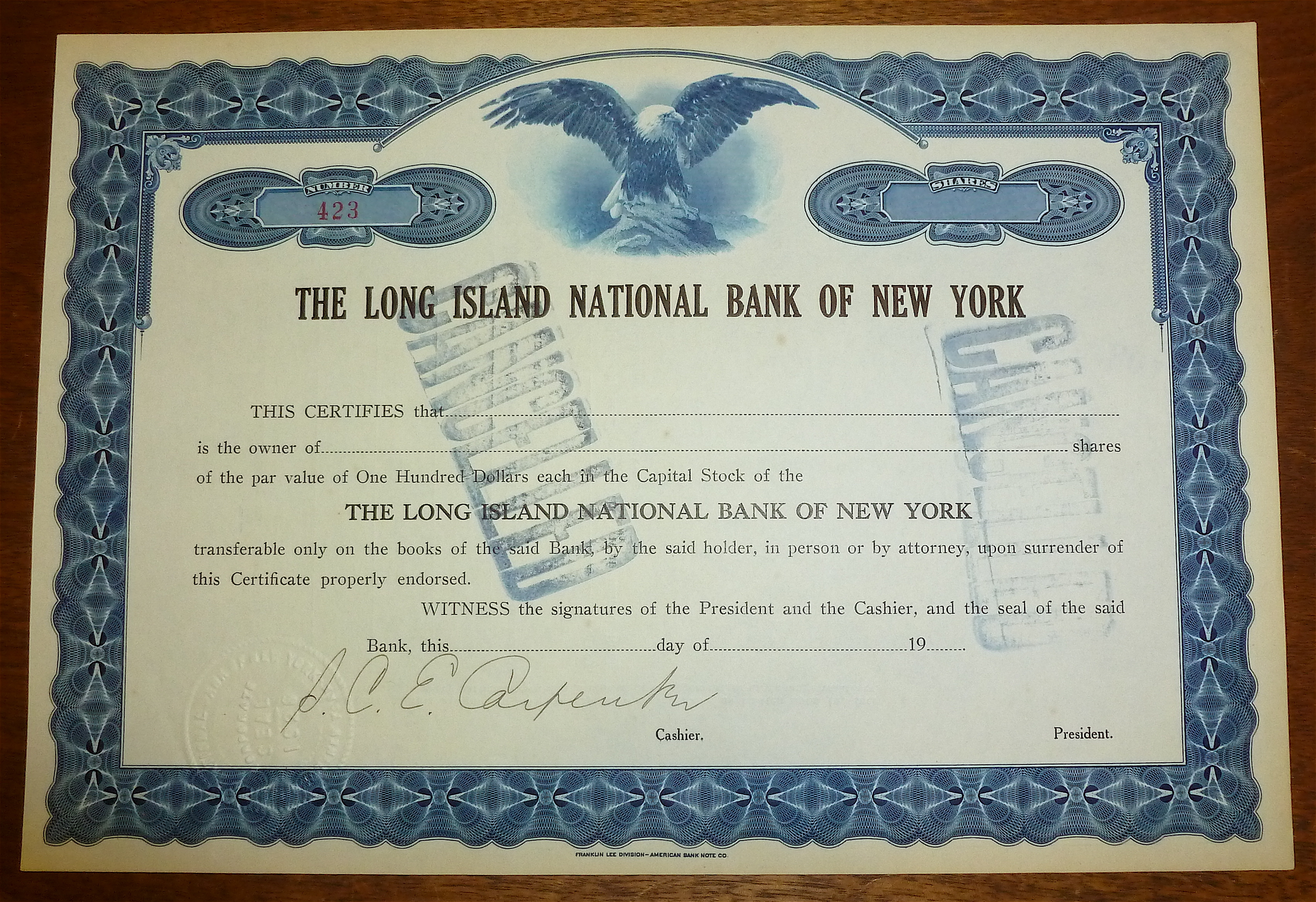 Long Island National Bank Of New York Stock Certificate