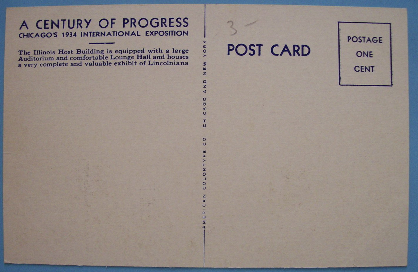 1933 Century Of Progress Ill. Host Building Postcard