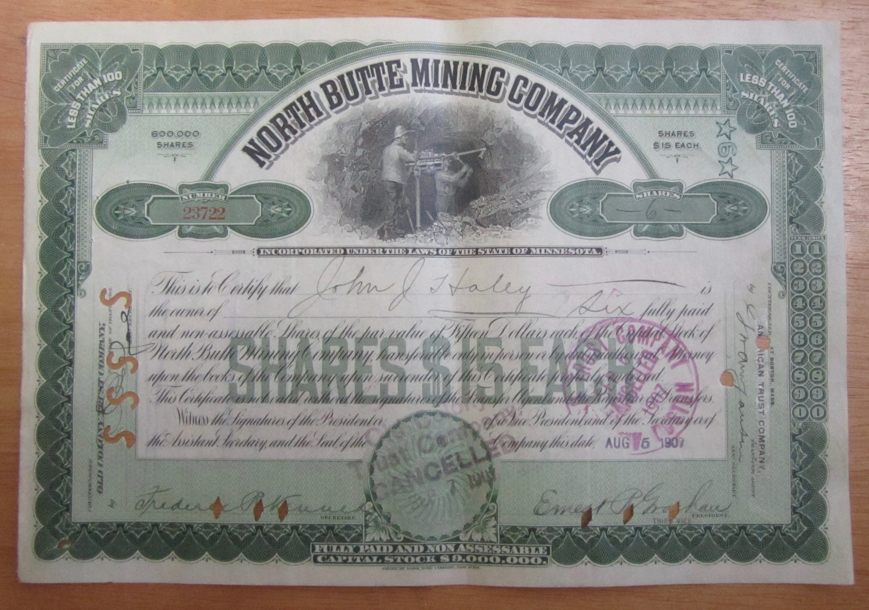 1907 North Butte Mining Company Stock Certificate