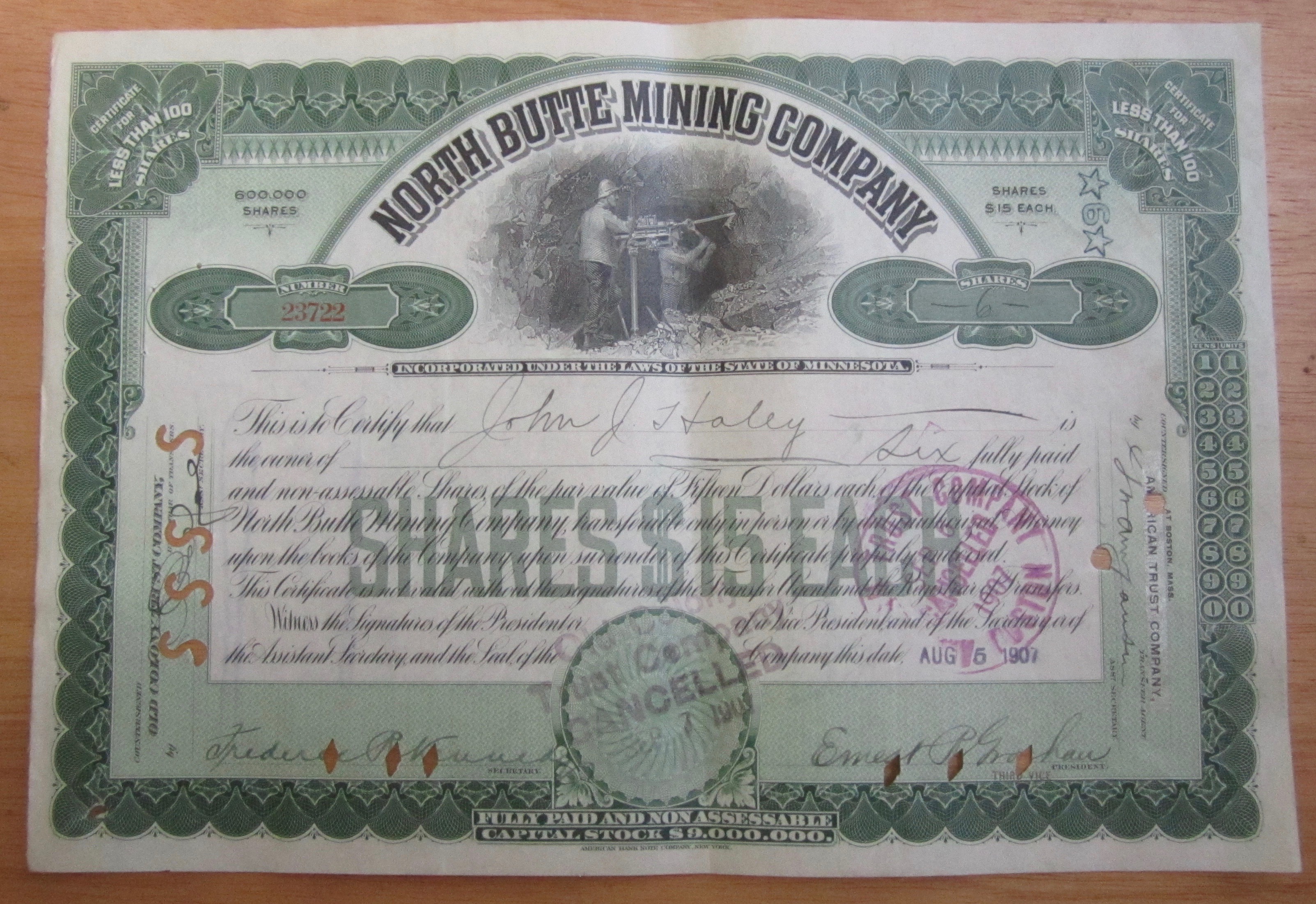 1907 North Butte Mining Company Stock Certificate