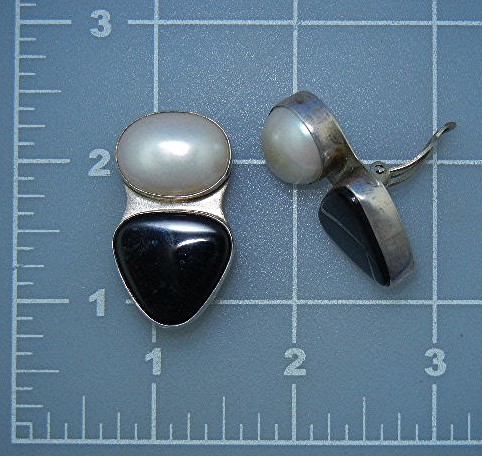 Silver Creations Onyx and Faux Pearl Clip Earrings