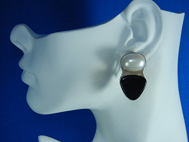 Silver Creations Onyx and Faux Pearl Clip Earrings
