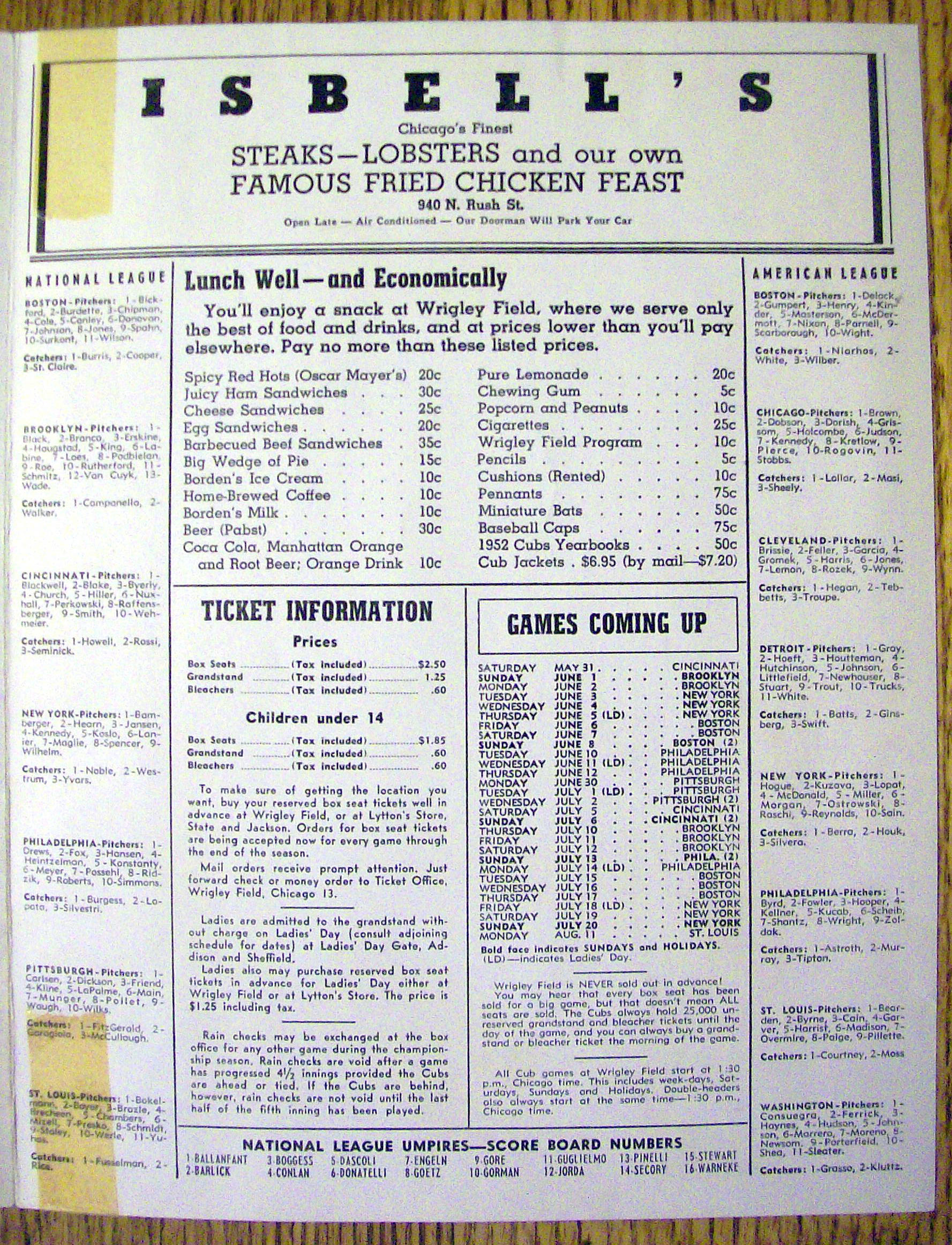 Chicago Cubs vs. Cincinnati Scorecard/Program 1952