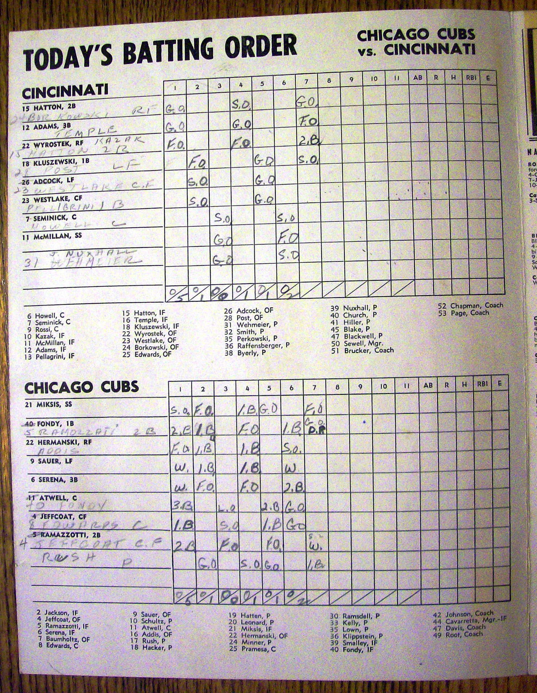 Chicago Cubs vs. Cincinnati Scorecard/Program 1952