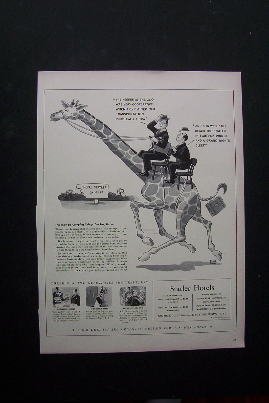 1944 Statler Hotels w/2 Men Talking & Riding on Giraffe