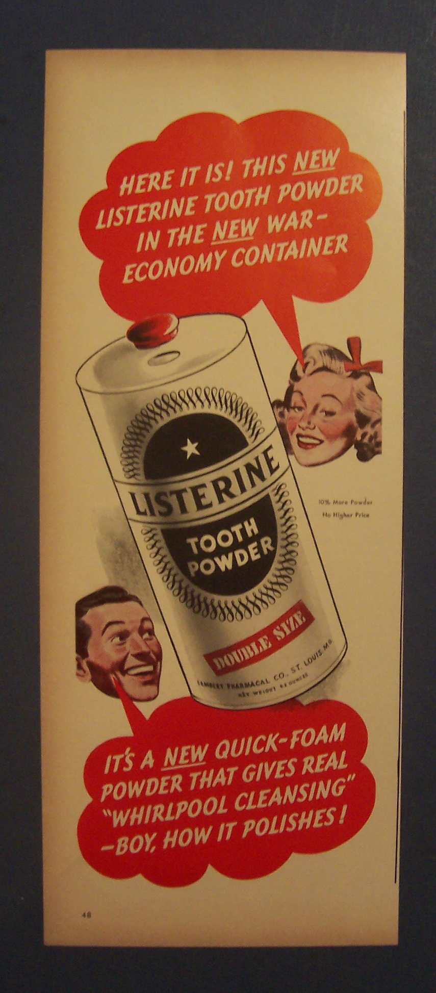 1943 Listerine Tooth Powder w/Man & Woman Talking