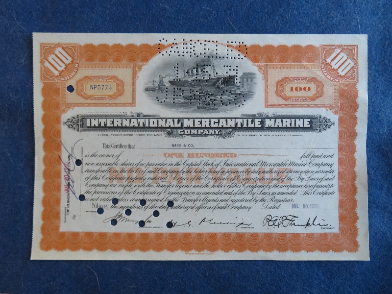 1930 International Mercantile Marine Company Stock Certificate