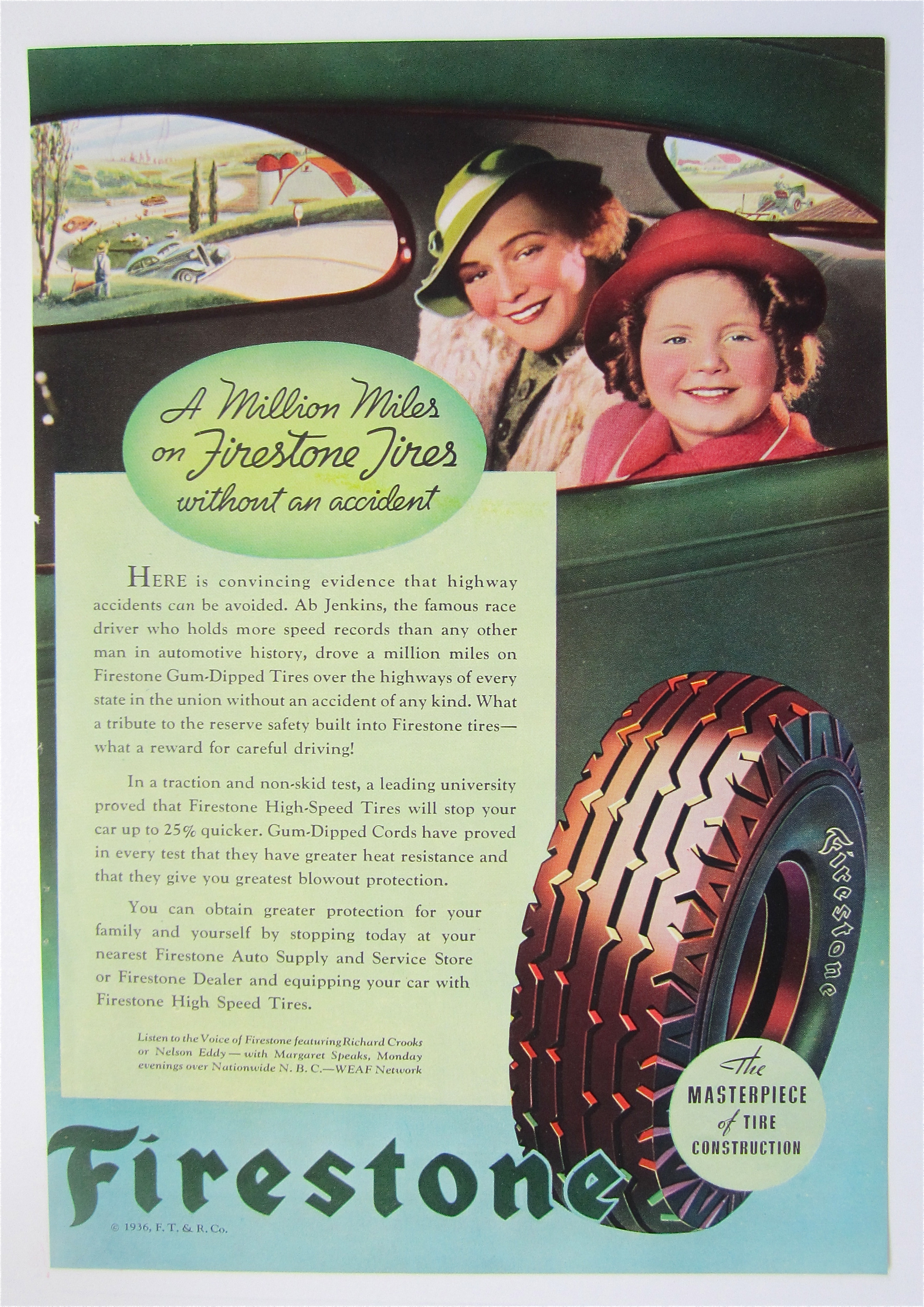 1936 Firestone Tires w/Mother & Daughter in Car Window