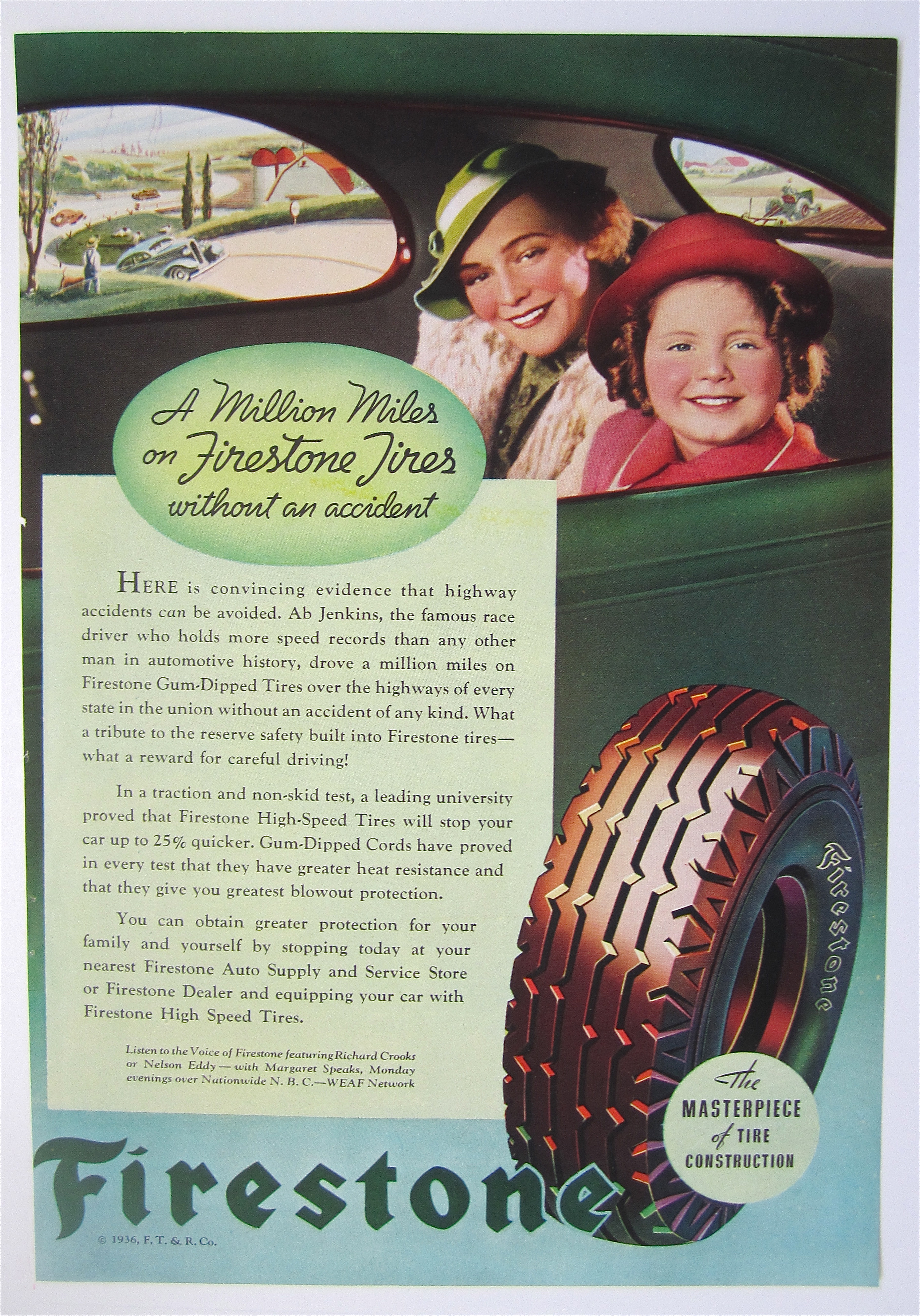 1936 Firestone Tires w/Mother & Daughter in Car Window