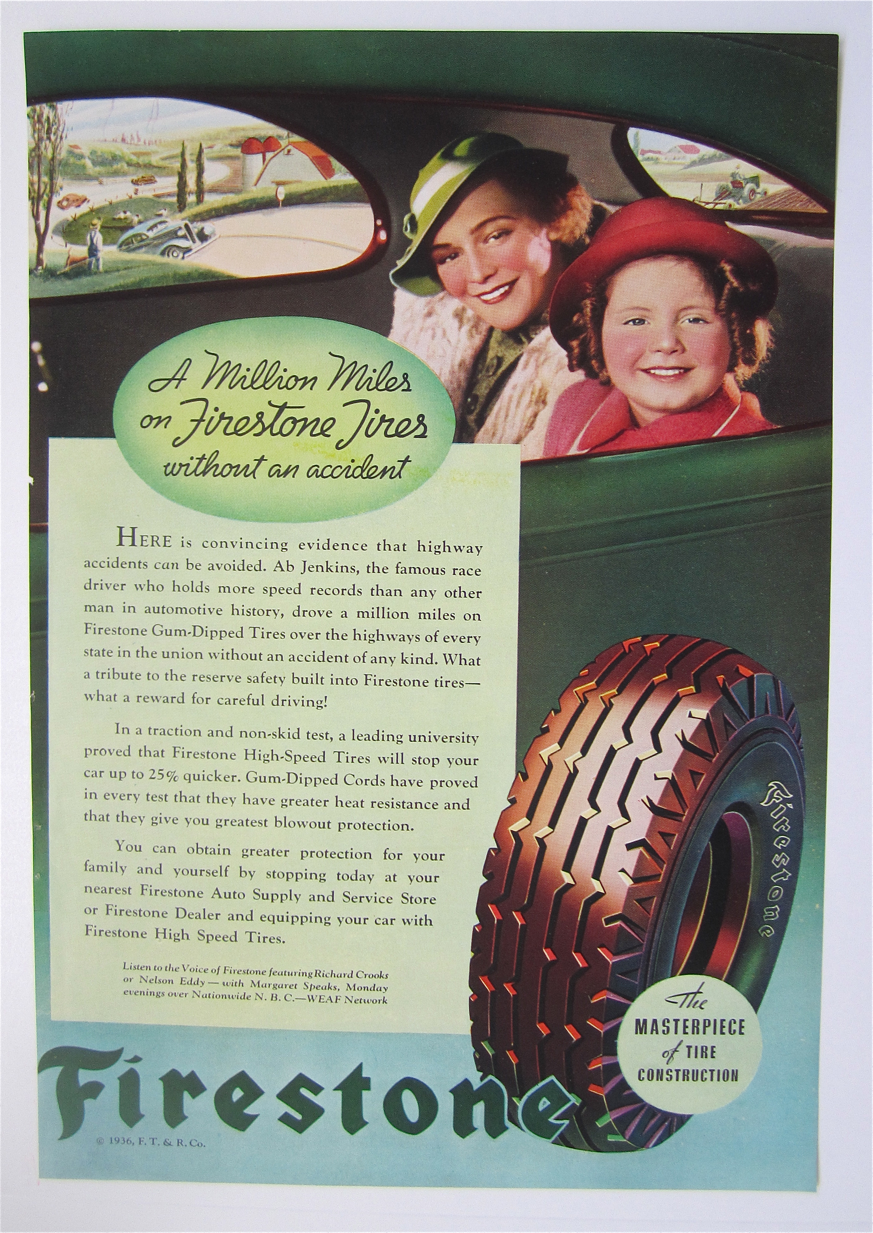 1936 Firestone Tires w/Mother & Daughter in Car Window