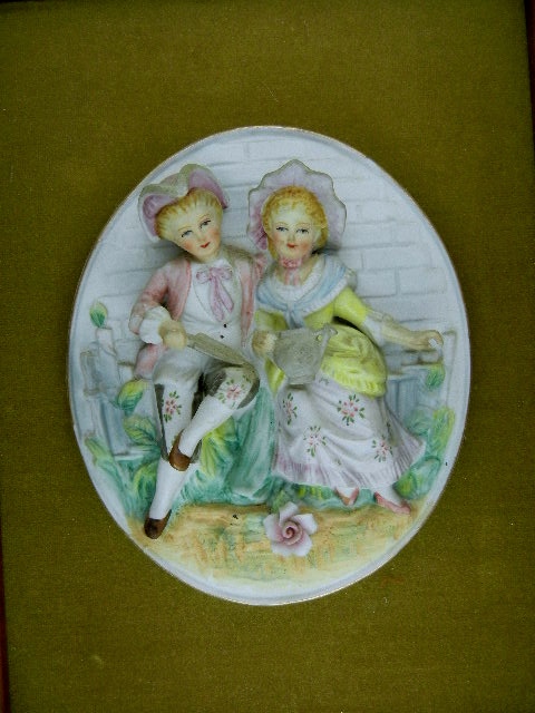 Framed Bisque boy and girl gardening Green  Velvet
