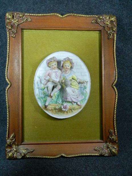 Framed Bisque boy and girl gardening Green Velvet