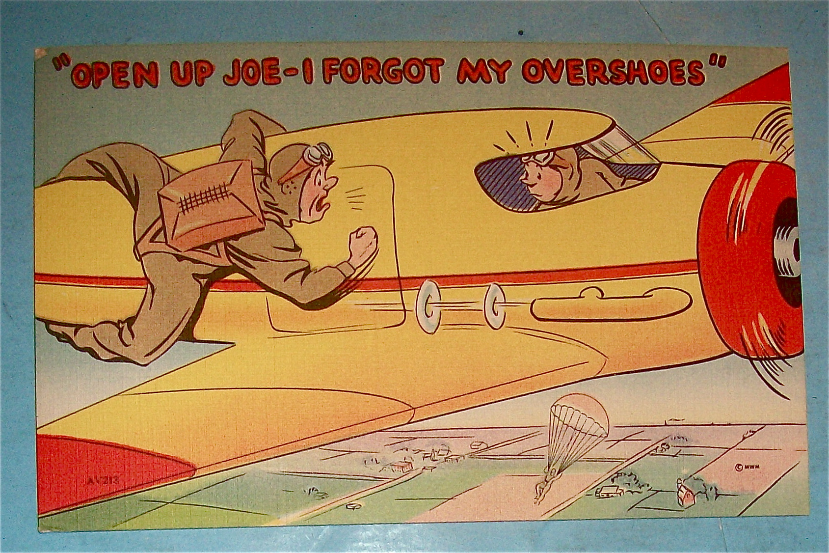 Military Man Banging On Airplane Door Postcard