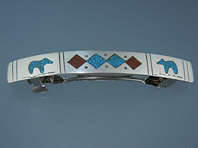 Navajo Hair Barrette Sterling Silver Coral Turquoise