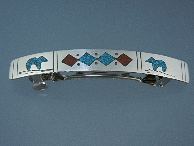 Navajo Hair Barrette Sterling Silver Coral Turquoise
