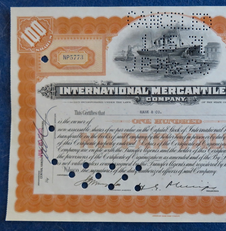 1930 International Mercantile Marine Company Stock Certificate