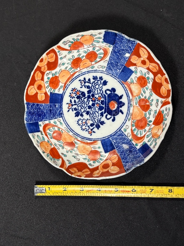 Antique Japanese Imari Ware Scalloped Plate with Floral & Panel Design, Blue & Iron Red