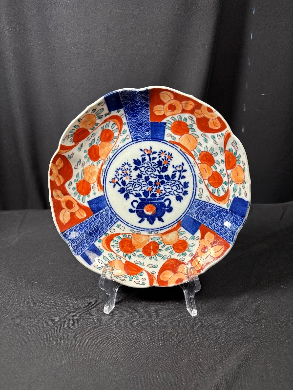 Antique Japanese Imari Ware Scalloped Plate with Floral & Panel Design, Blue & Iron Red