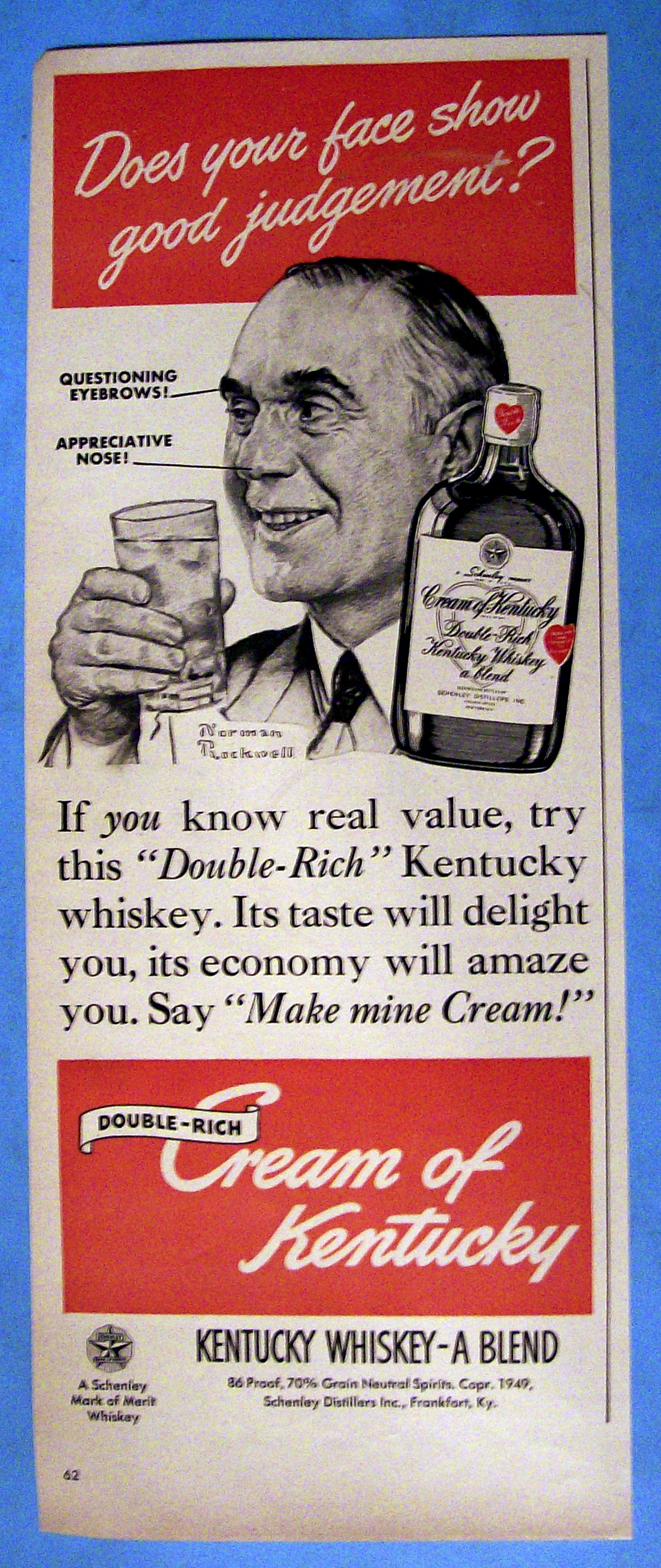 1949 Cream Of Kentucky w/Man's Face By Norman Rockwell