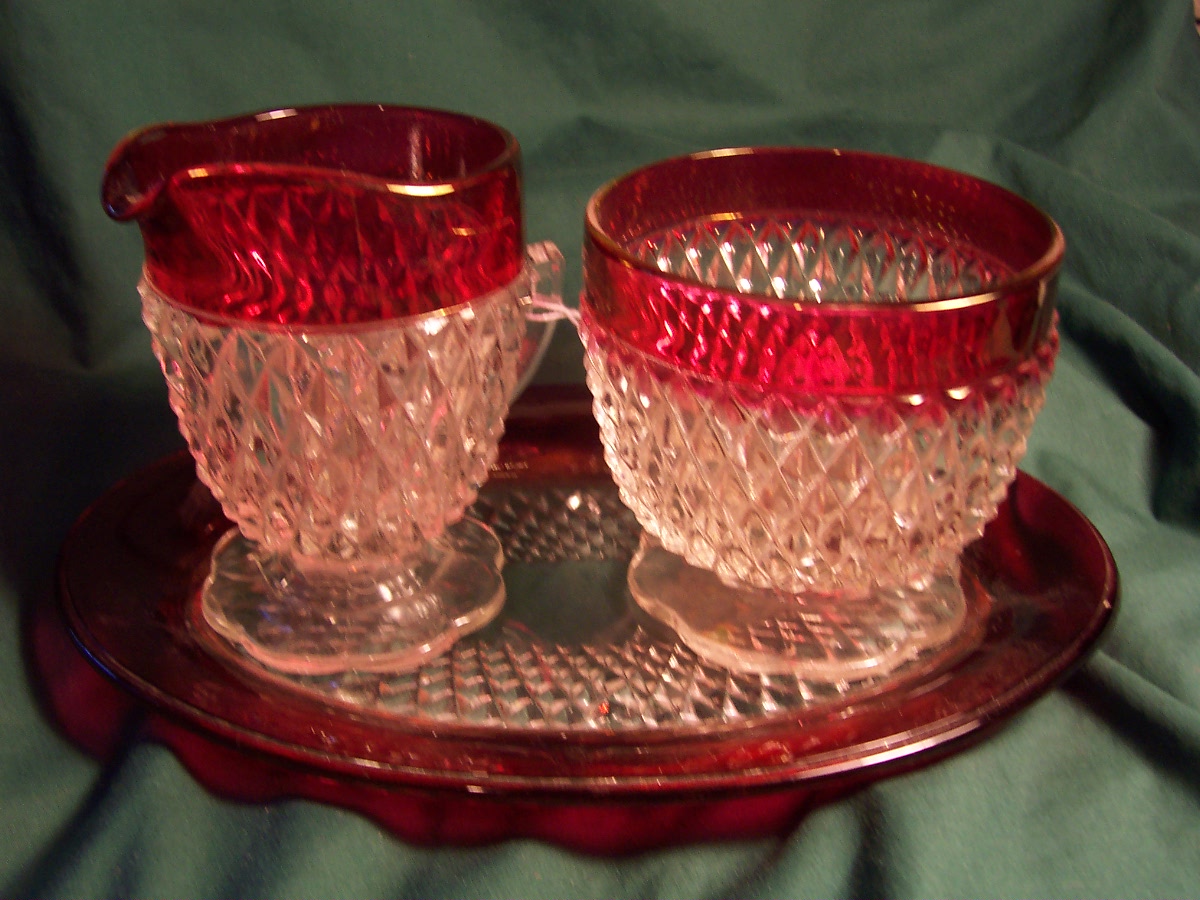 Indiana Glass Sugar Bowl Creamer Tray Ruby