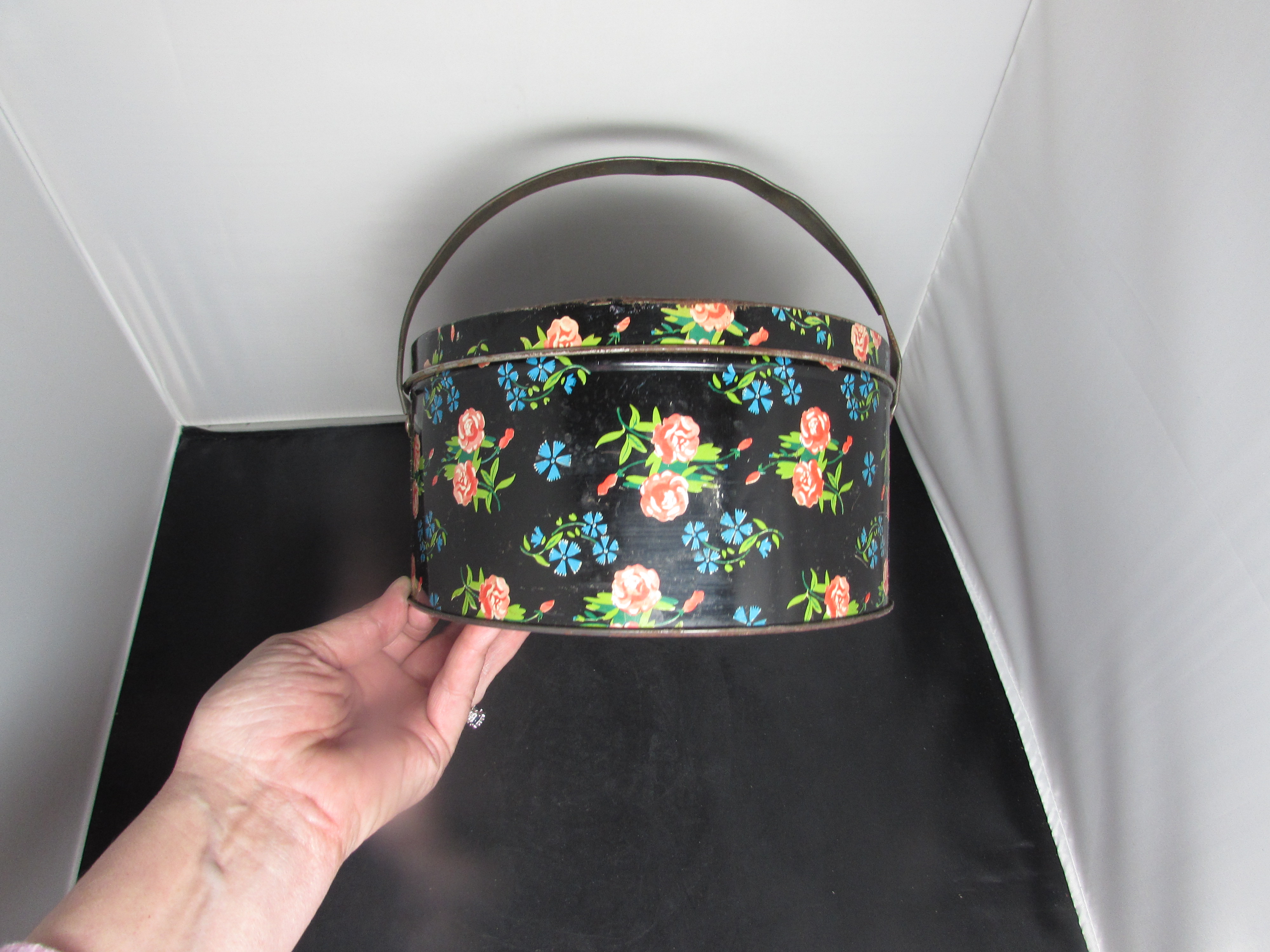 Oval Biscuit Tin with Handles Floral use as Sewing Box
