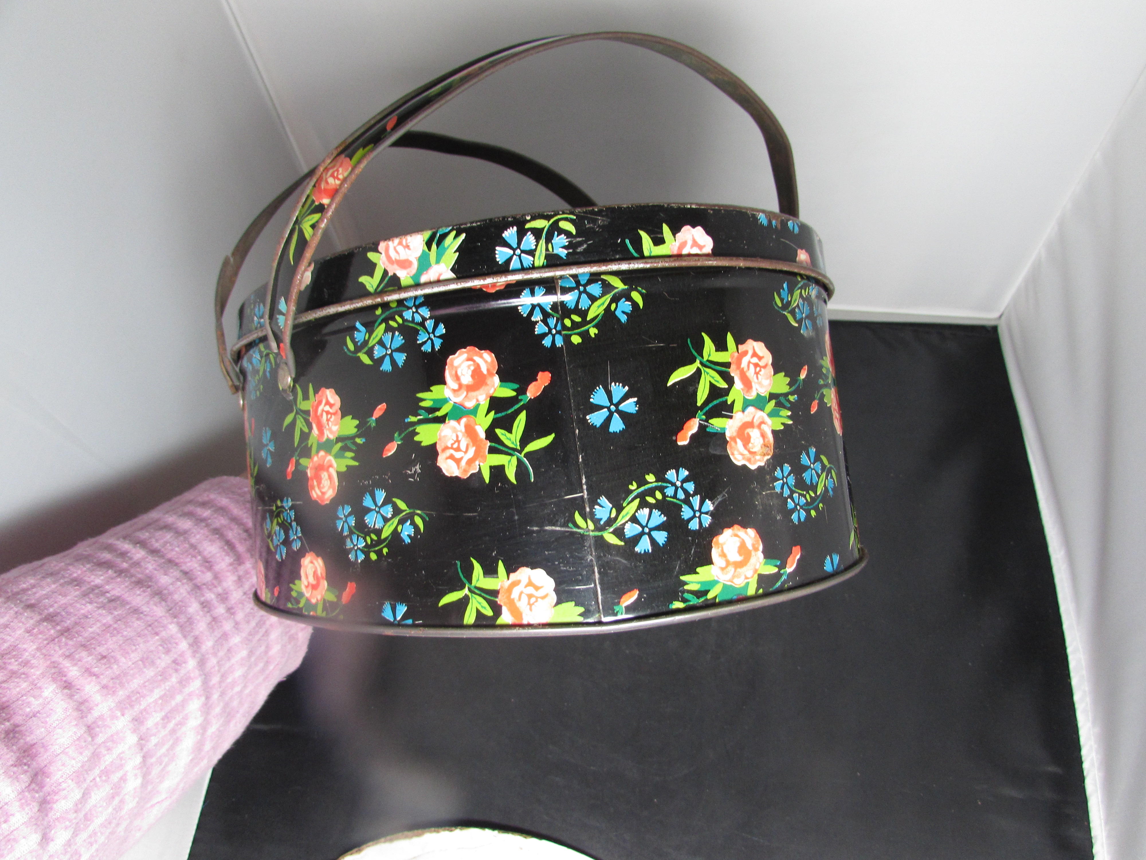 Oval Biscuit Tin with Handles Floral use as Sewing Box