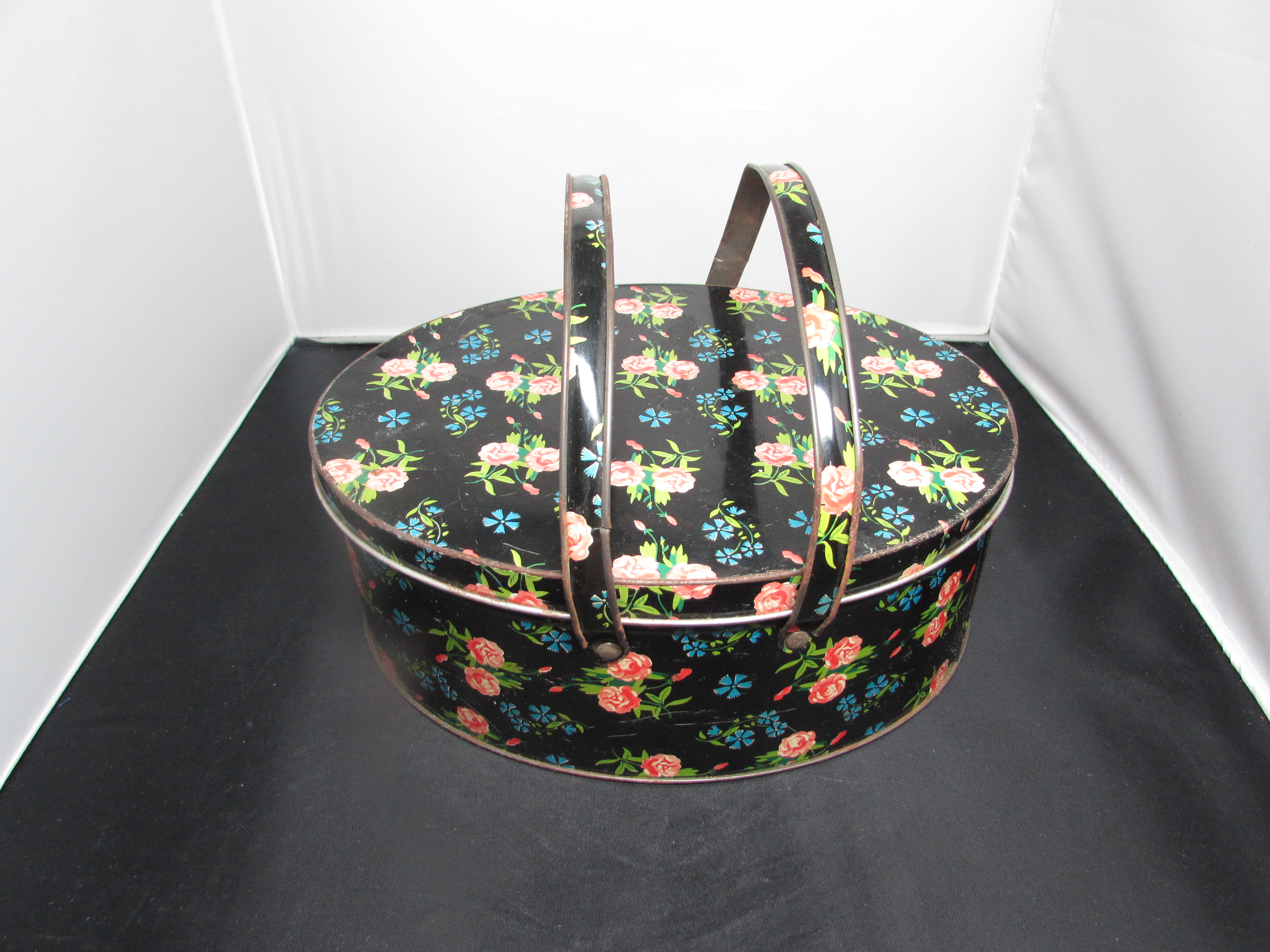 Oval Biscuit Tin with Handles Floral use as Sewing Box