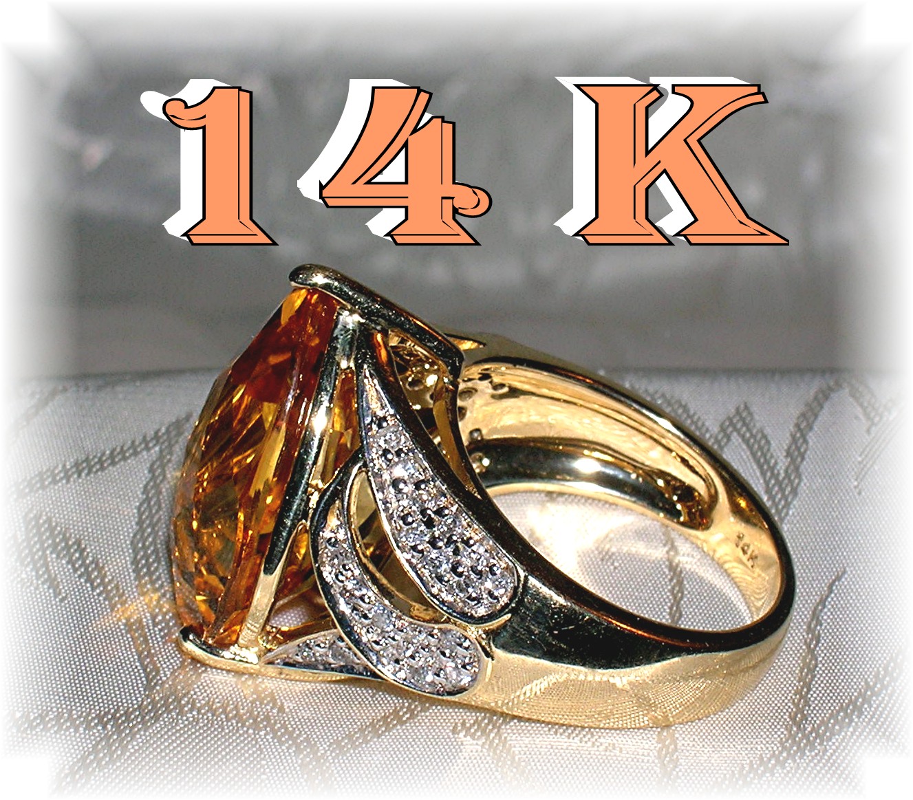 14 K Gold  Pear Shaped Citrine, Diamond Ring . . . .