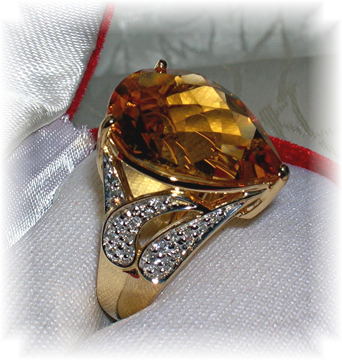 14 K Gold  Pear Shaped Citrine, Diamond Ring . . . .
