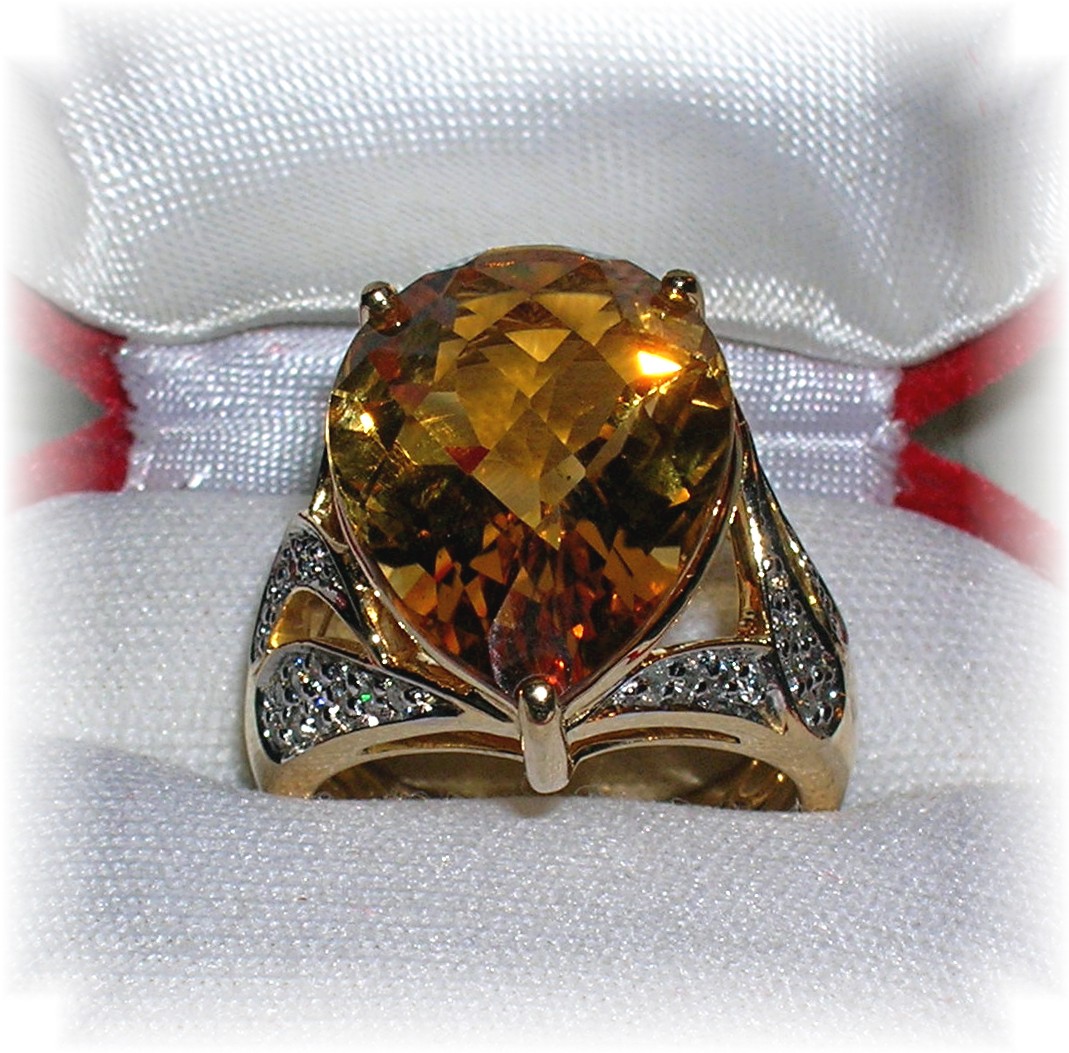 14 K Gold  Pear Shaped Citrine, Diamond Ring . . . .