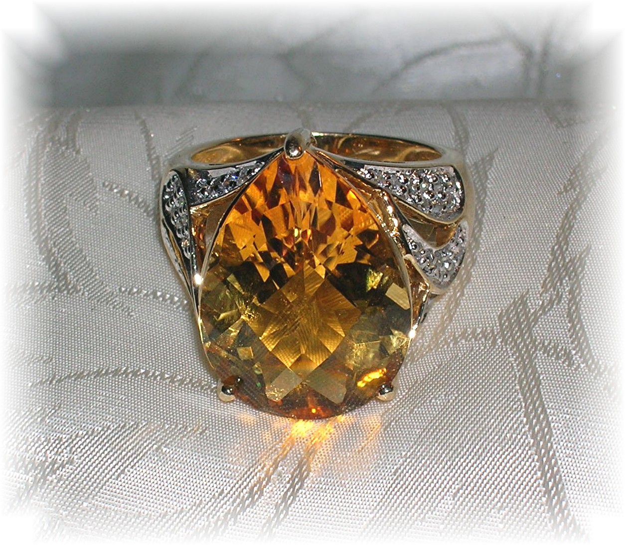 14 K Gold  Pear Shaped Citrine, Diamond Ring . . . .