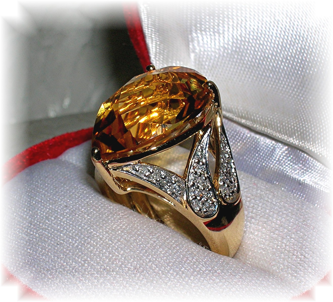14 K Gold  Pear Shaped Citrine, Diamond Ring . . . .