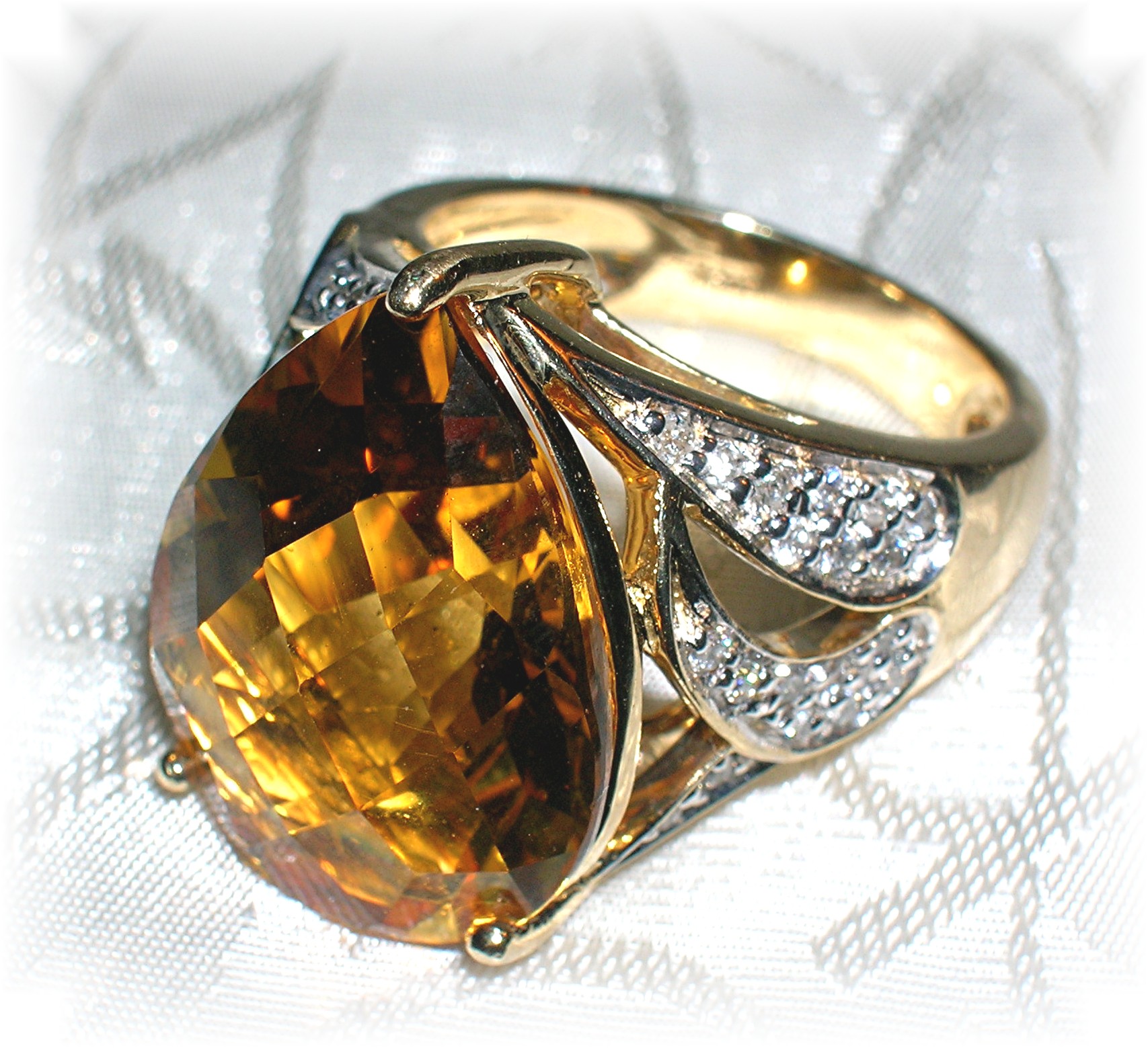 14 K Gold  Pear Shaped Citrine, Diamond Ring . . . .